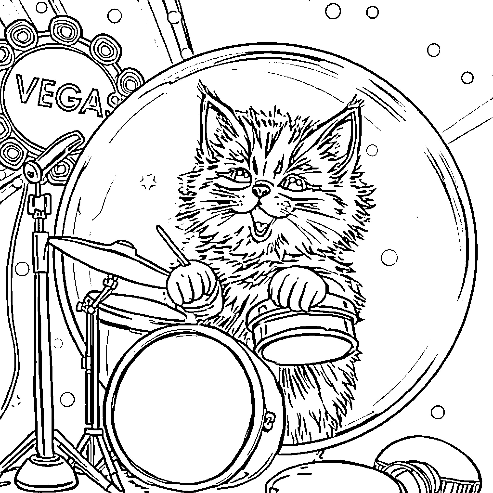 Cat playing drums in a cosmic scene Coloring Page (free black-and-white line drawing printable PDF for all, from beginners to advanced learners, including children, teens, adults, and seniors)