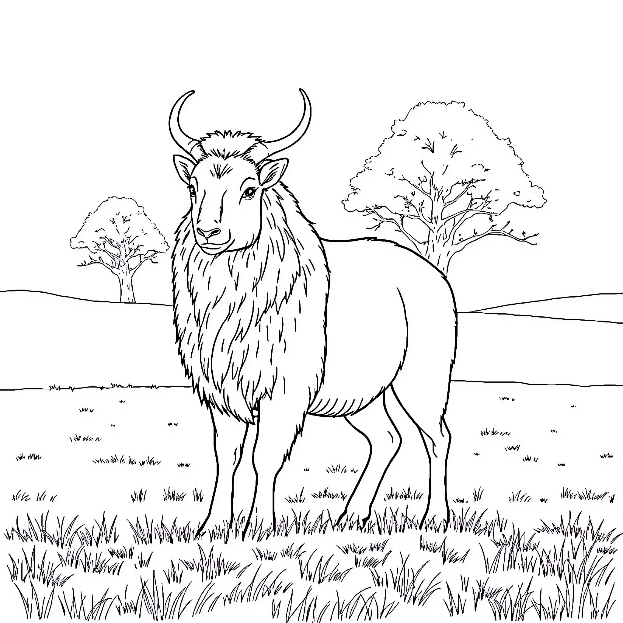 Takin a Majestic Bovine in a Serene Landscape Coloring Page (free black-and-white line drawing printable PDF for all, from beginners to advanced learners, including children, teens, adults, and seniors)
