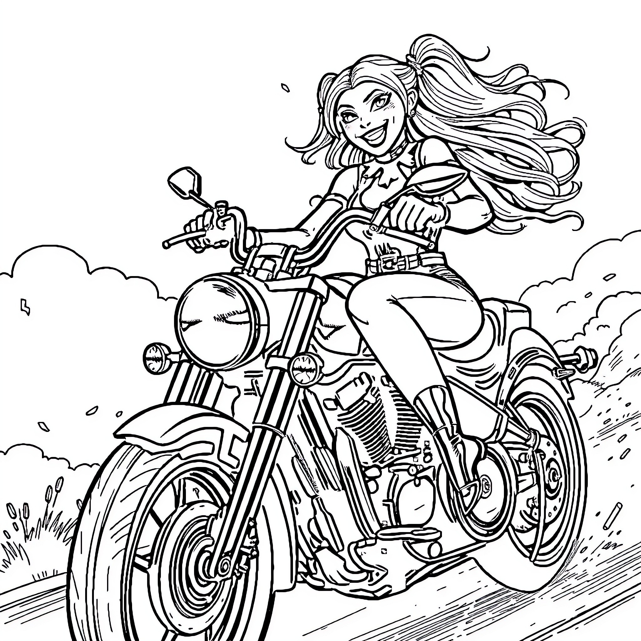 Harley Quinn riding a motorcycle in an action scene Coloring Page (free black-and-white line drawing printable PDF for all, from beginners to advanced learners, including children, teens, adults, and seniors)
