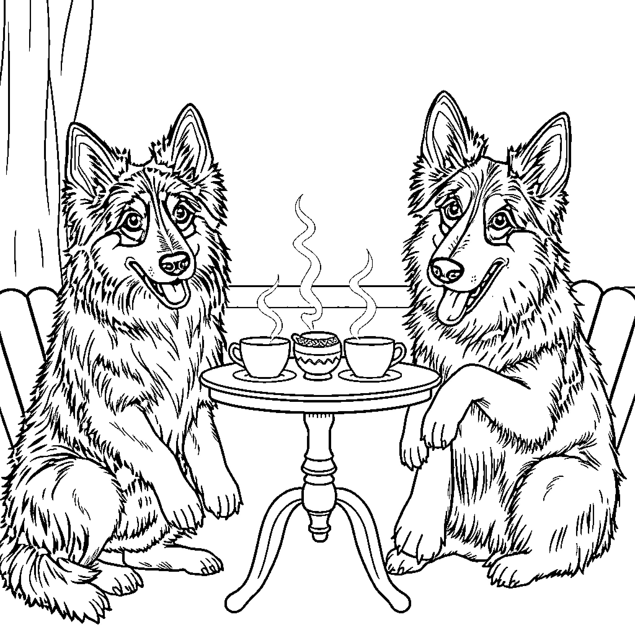 Dogs enjoying hot drinks together Coloring Page (free black-and-white line drawing printable PDF for all, from beginners to advanced learners, including children, teens, adults, and seniors)