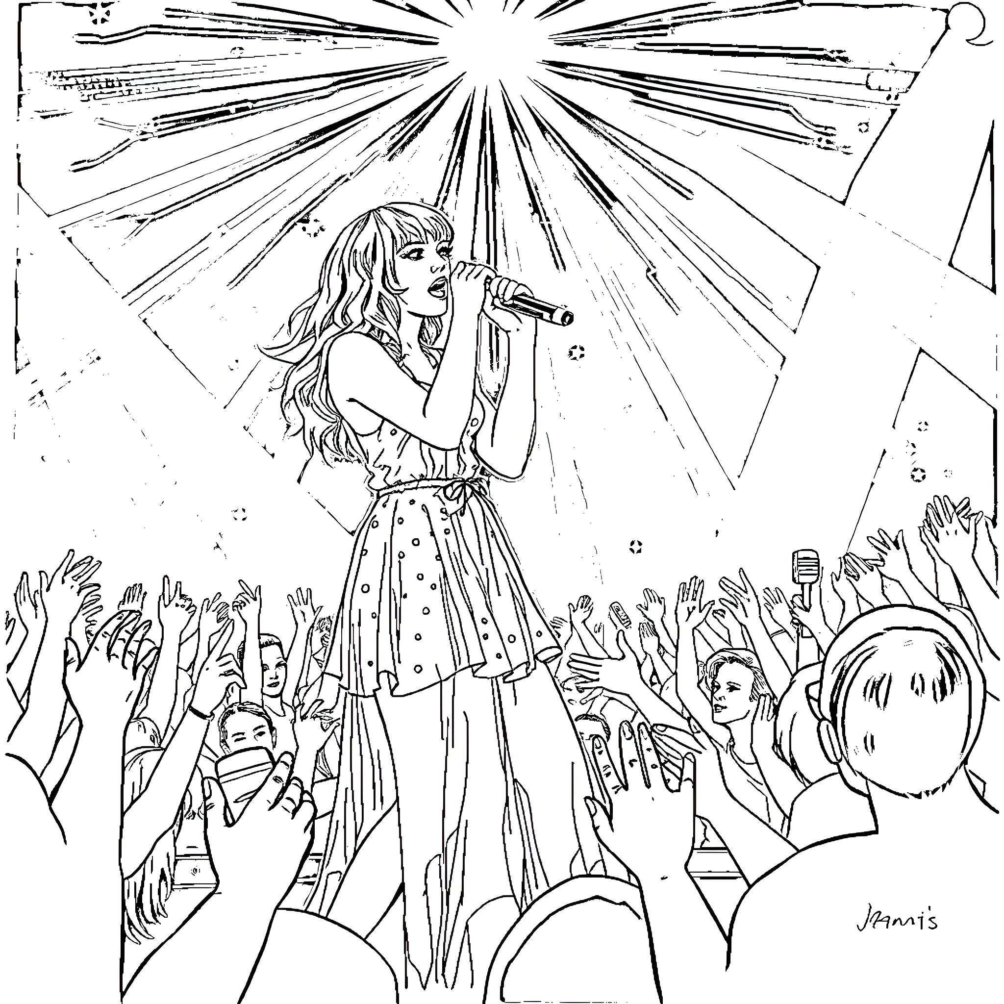 Taylor Swift Performing on Stage with Crowd Coloring Page (free black-and-white line drawing printable PDF for all, from beginners to advanced learners, including children, teens, adults, and seniors)