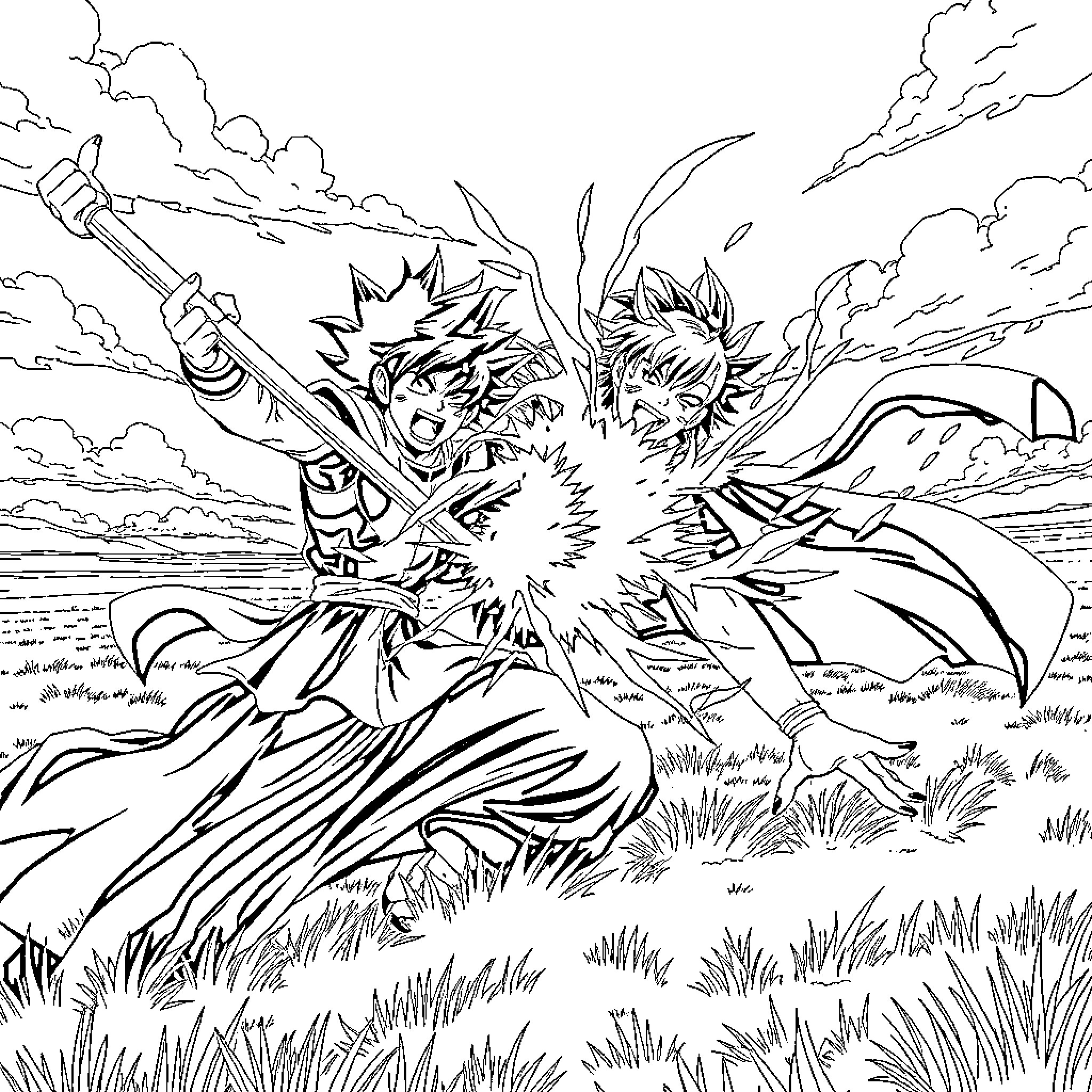 Deku engaged in intense combat against formidable foes Coloring Page (free black-and-white line drawing printable PDF for all, from beginners to advanced learners, including children, teens, adults, and seniors)