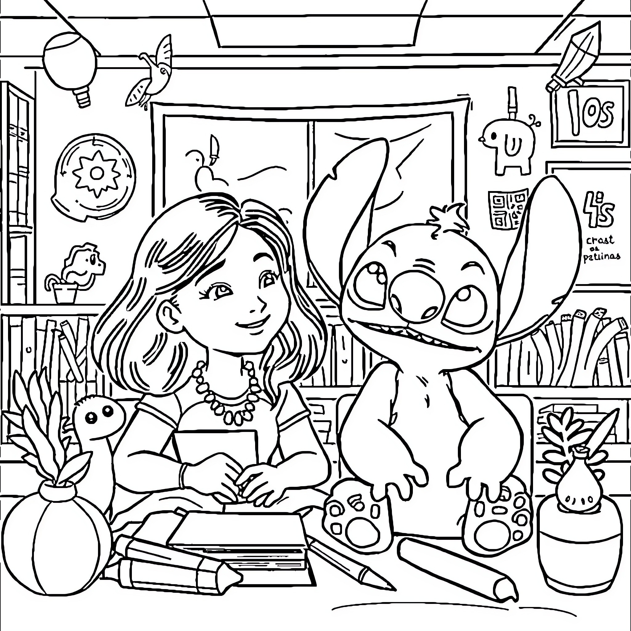 Lilo and Stitch's Playful Adventure Coloring Page (free black-and-white line drawing printable PDF for all, from beginners to advanced learners, including children, teens, adults, and seniors)