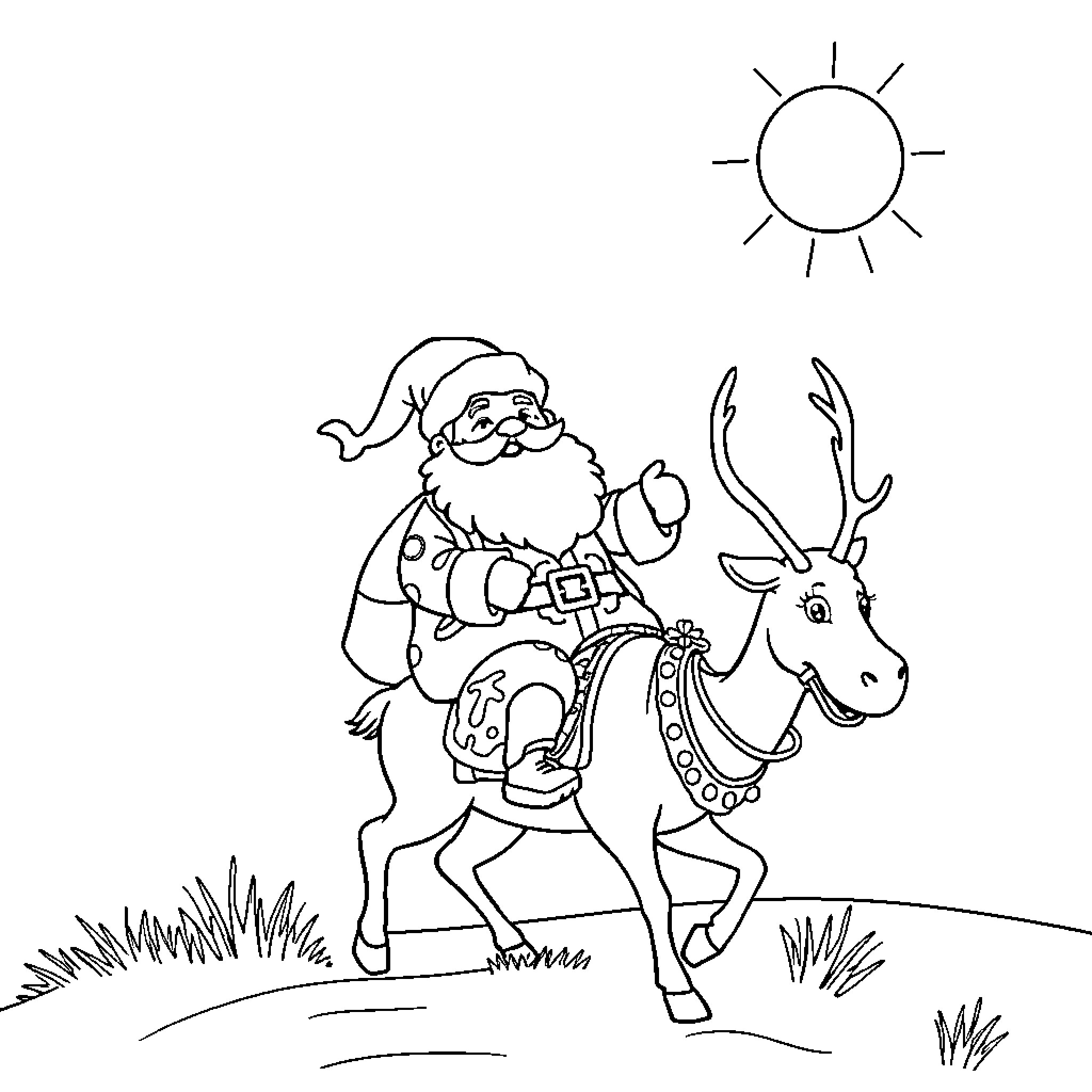 Santa riding a reindeer in the sunshine Coloring Page (free black-and-white line drawing printable PDF for all, from beginners to advanced learners, including children, teens, adults, and seniors)