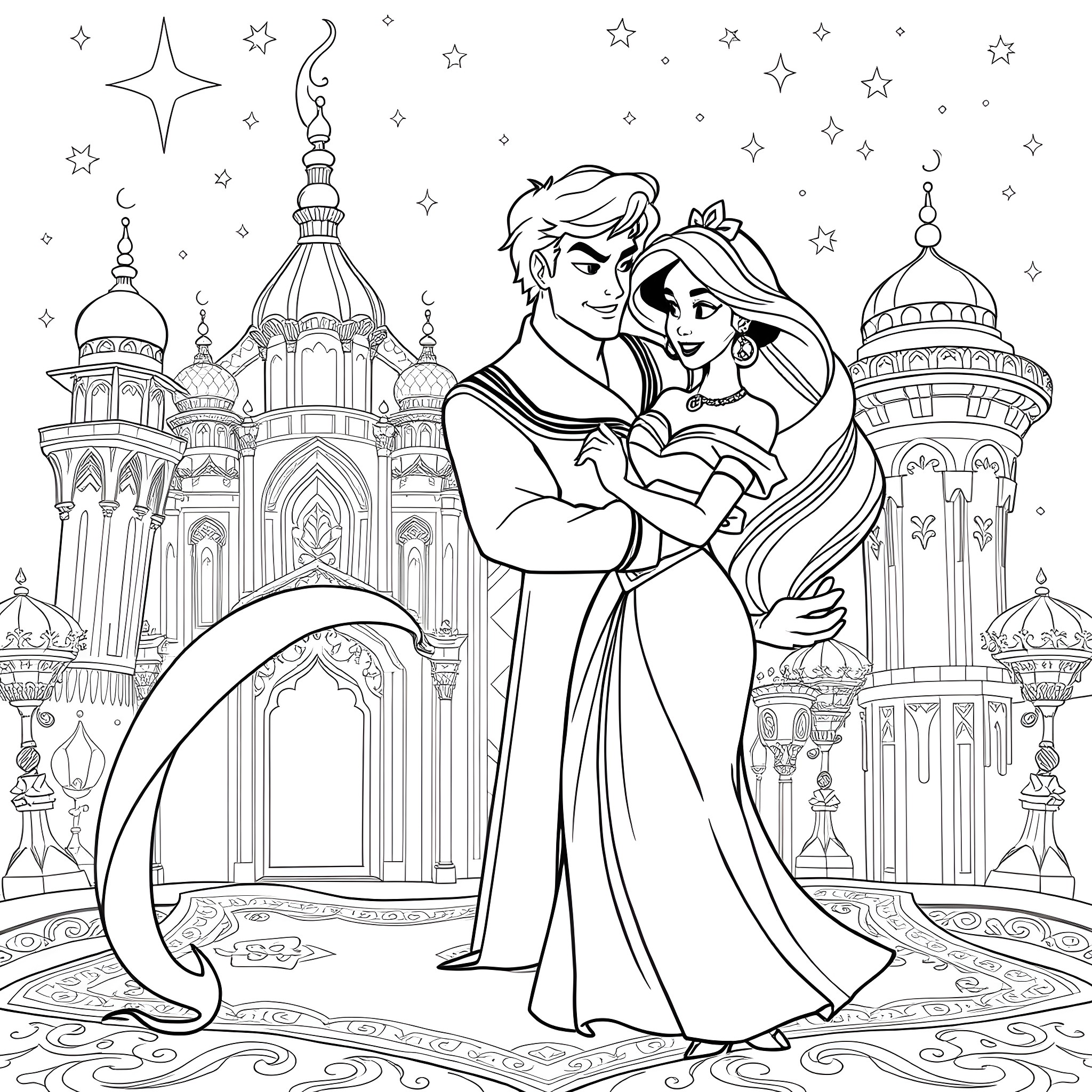 Jasmine and Aladdin's romantic night in the palace garden Coloring Page (free black-and-white line drawing printable PDF for all, from beginners to advanced learners, including children, teens, adults, and seniors)
