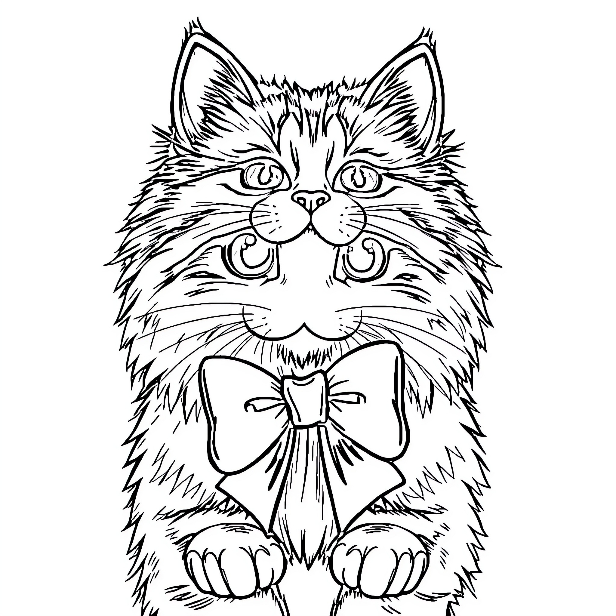 Tabby Cat with Bow Tie Coloring Page (free black-and-white line drawing printable PDF for all, from beginners to advanced learners, including children, teens, adults, and seniors)