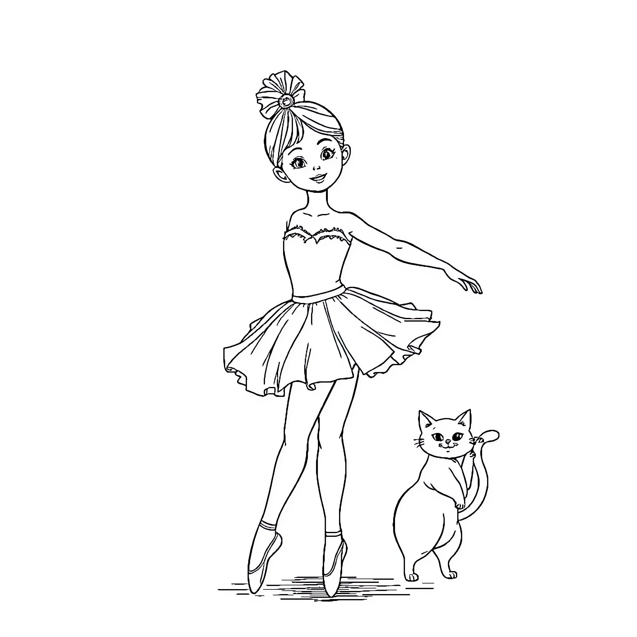 Girl ballerina dancing with cat Coloring Page (free black-and-white line drawing printable PDF for all, from beginners to advanced learners, including children, teens, adults, and seniors)
