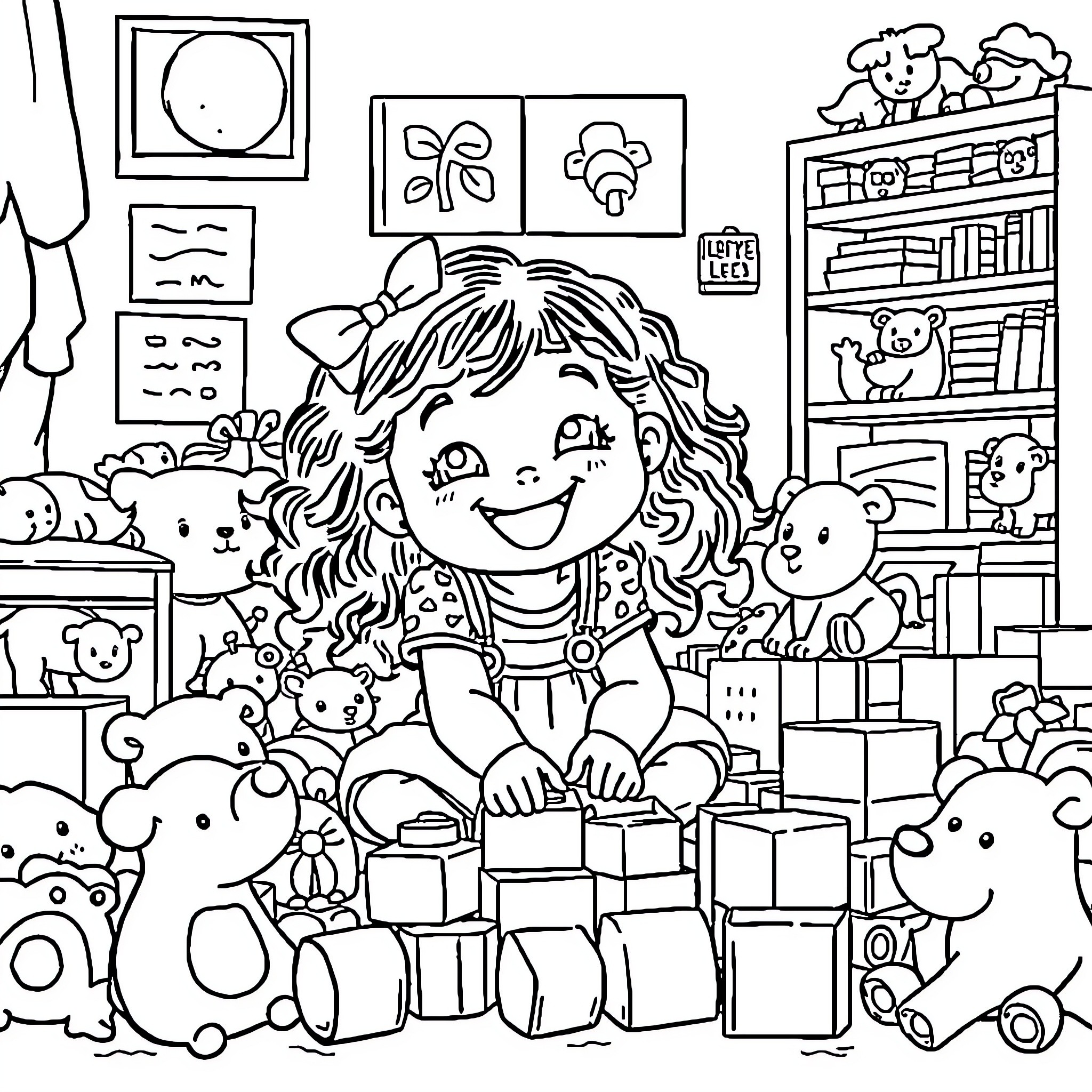 Girl surrounded by toys and stuffed animals Coloring Page (free black-and-white line drawing printable PDF for all, from beginners to advanced learners, including children, teens, adults, and seniors)