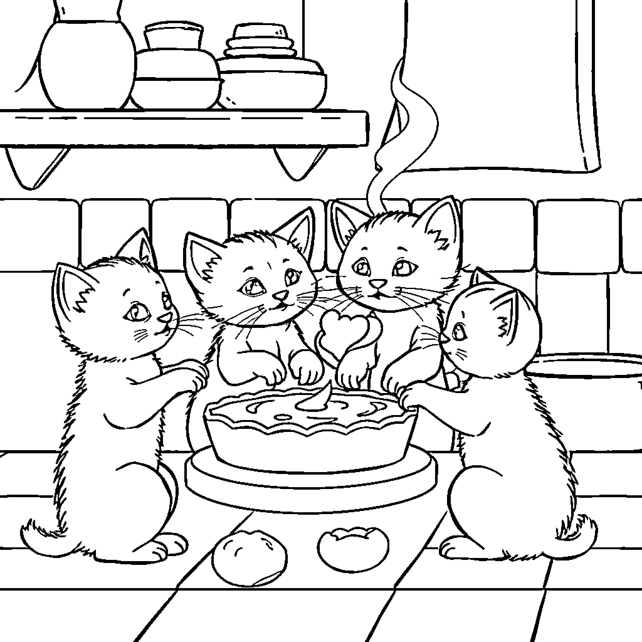 Gatito Kittens Enjoying a Baked Treat Coloring Page (free black-and-white line drawing printable PDF for all, from beginners to advanced learners, including children, teens, adults, and seniors)
