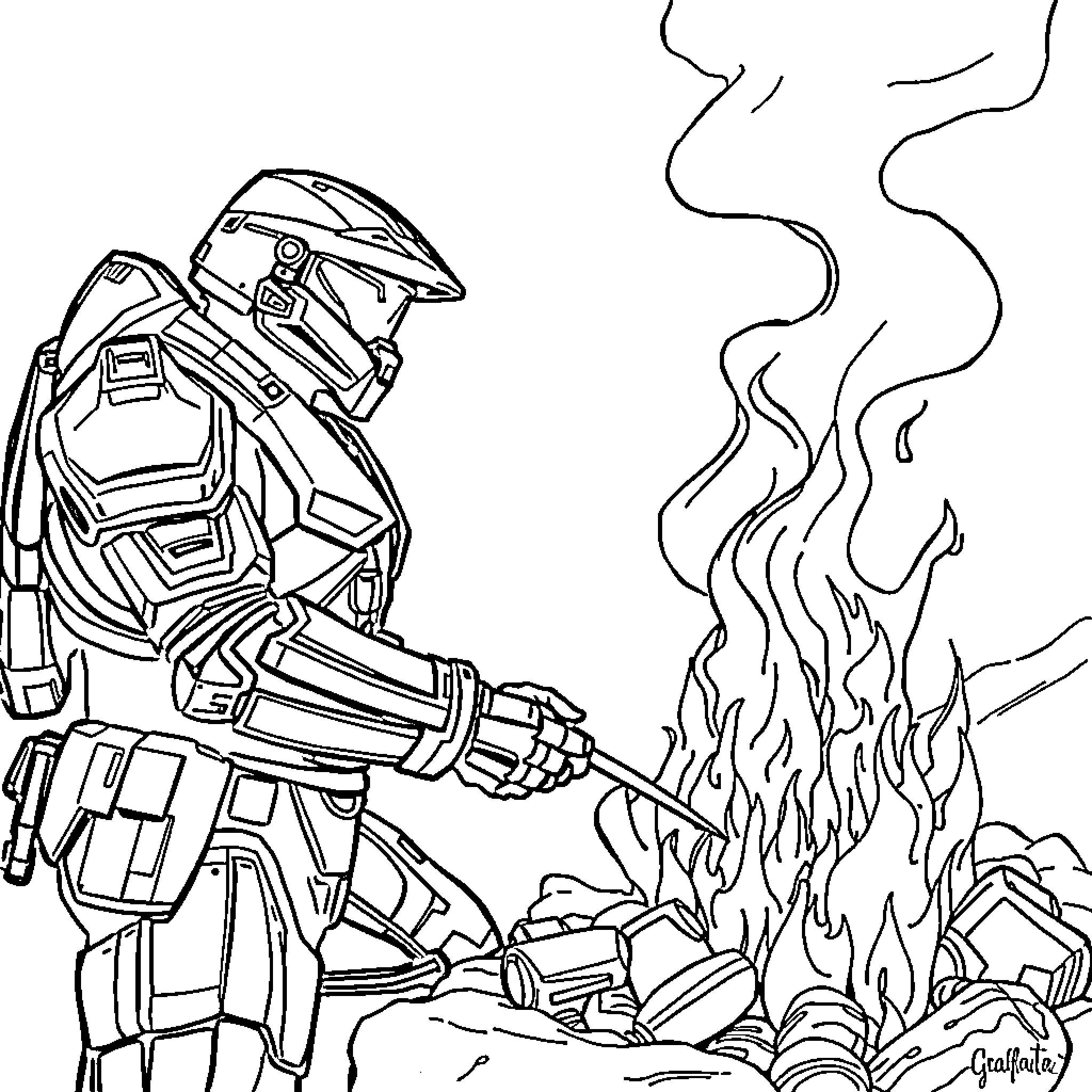 Master Chief Battling in a Fiery Landscape Coloring Page (free black-and-white line drawing printable PDF for all, from beginners to advanced learners, including children, teens, adults, and seniors)