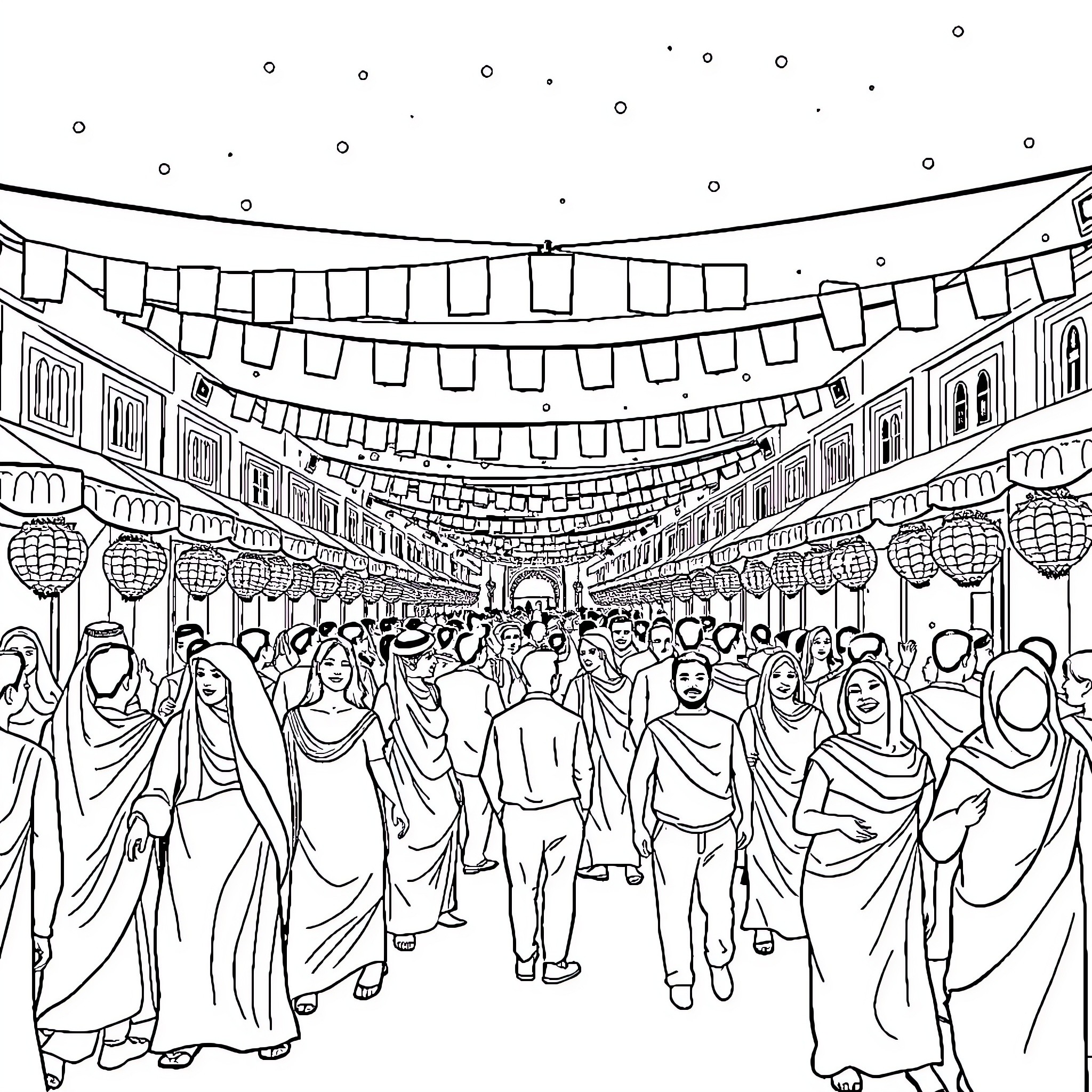 Celebration of diversity in the crowded city streets Coloring Page (free black-and-white line drawing printable PDF for all, from beginners to advanced learners, including children, teens, adults, and seniors)