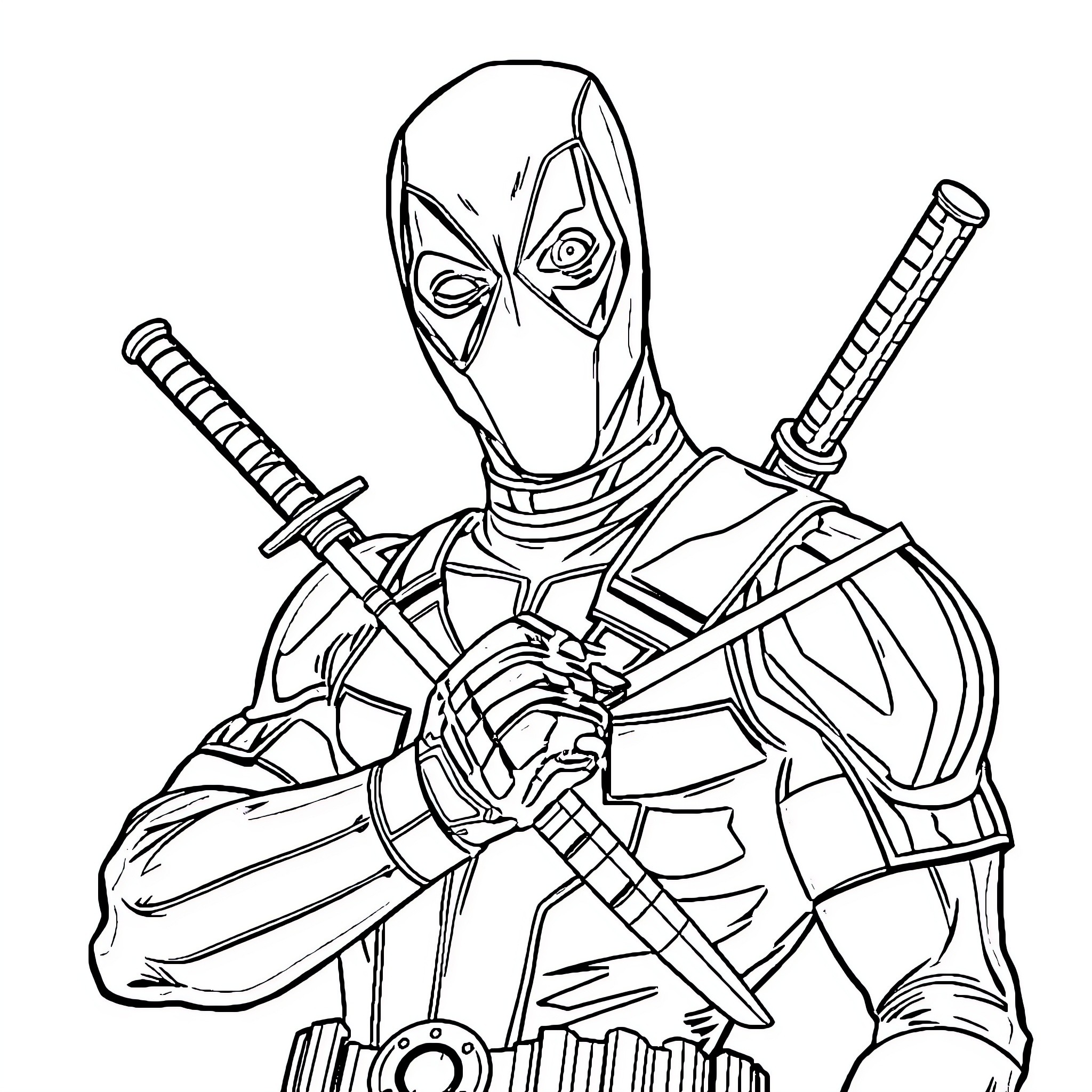 Deadpool taking action with swords and weapons Coloring Page (free black-and-white line drawing printable PDF for all, from beginners to advanced learners, including children, teens, adults, and seniors)