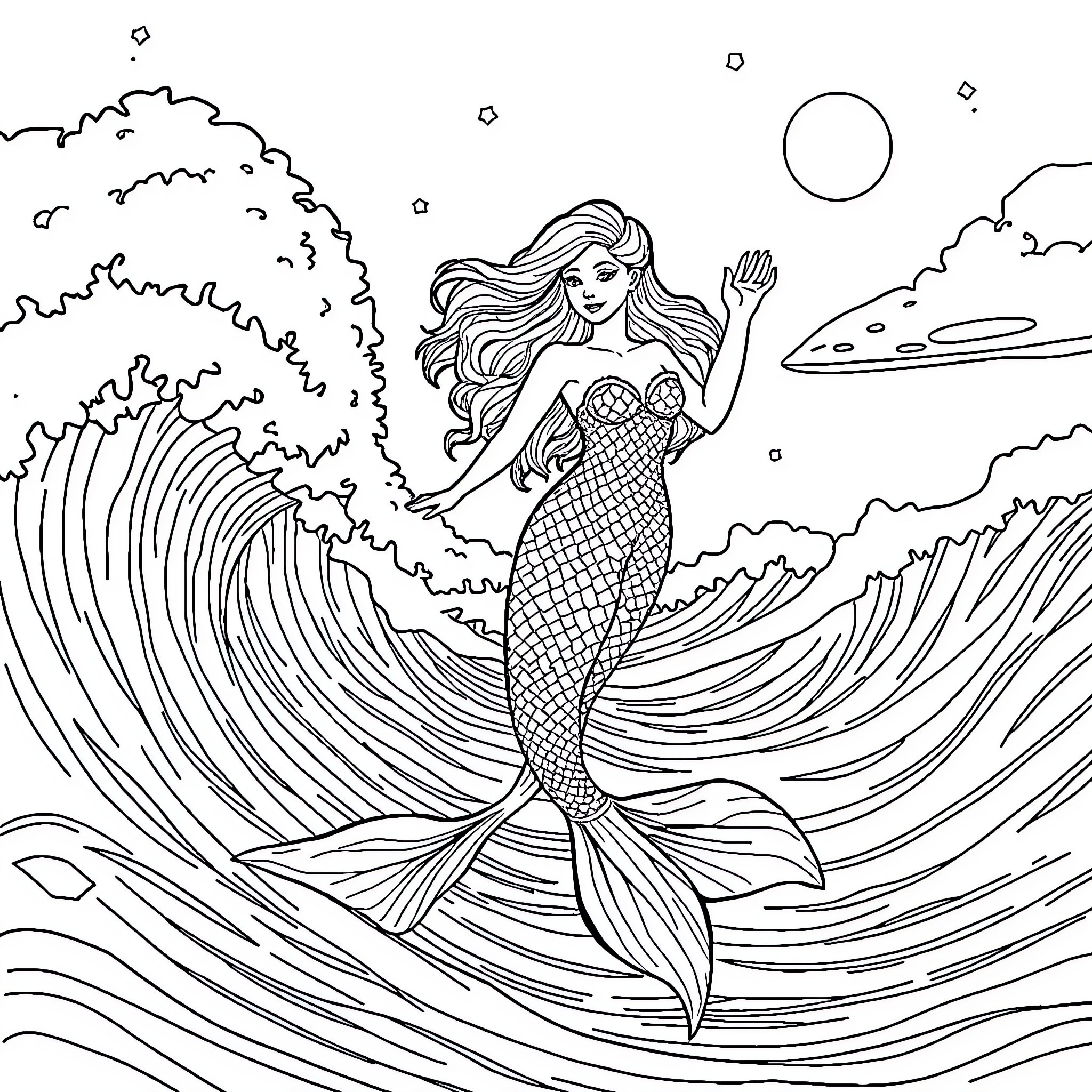 Mermaid surfing through crashing waves at sunset Coloring Page (free black-and-white line drawing printable PDF for all, from beginners to advanced learners, including children, teens, adults, and seniors)