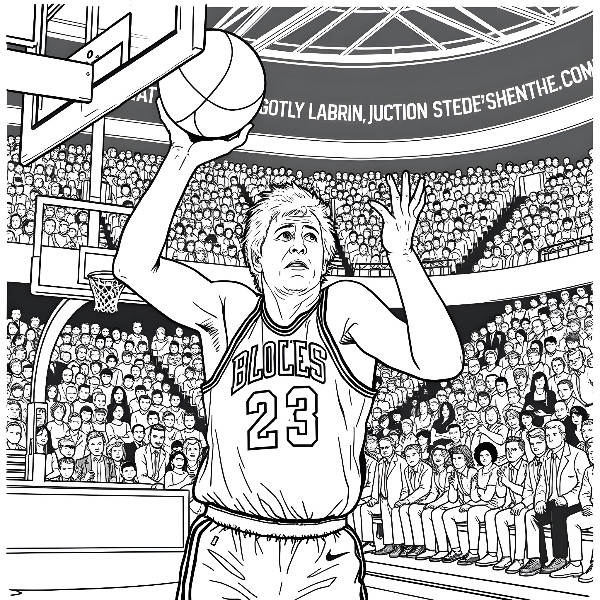 Larry Bird shooting the basketball in a professional basketball game Coloring Page (free black-and-white line drawing printable PDF for all, from beginners to advanced learners, including children, teens, adults, and seniors)