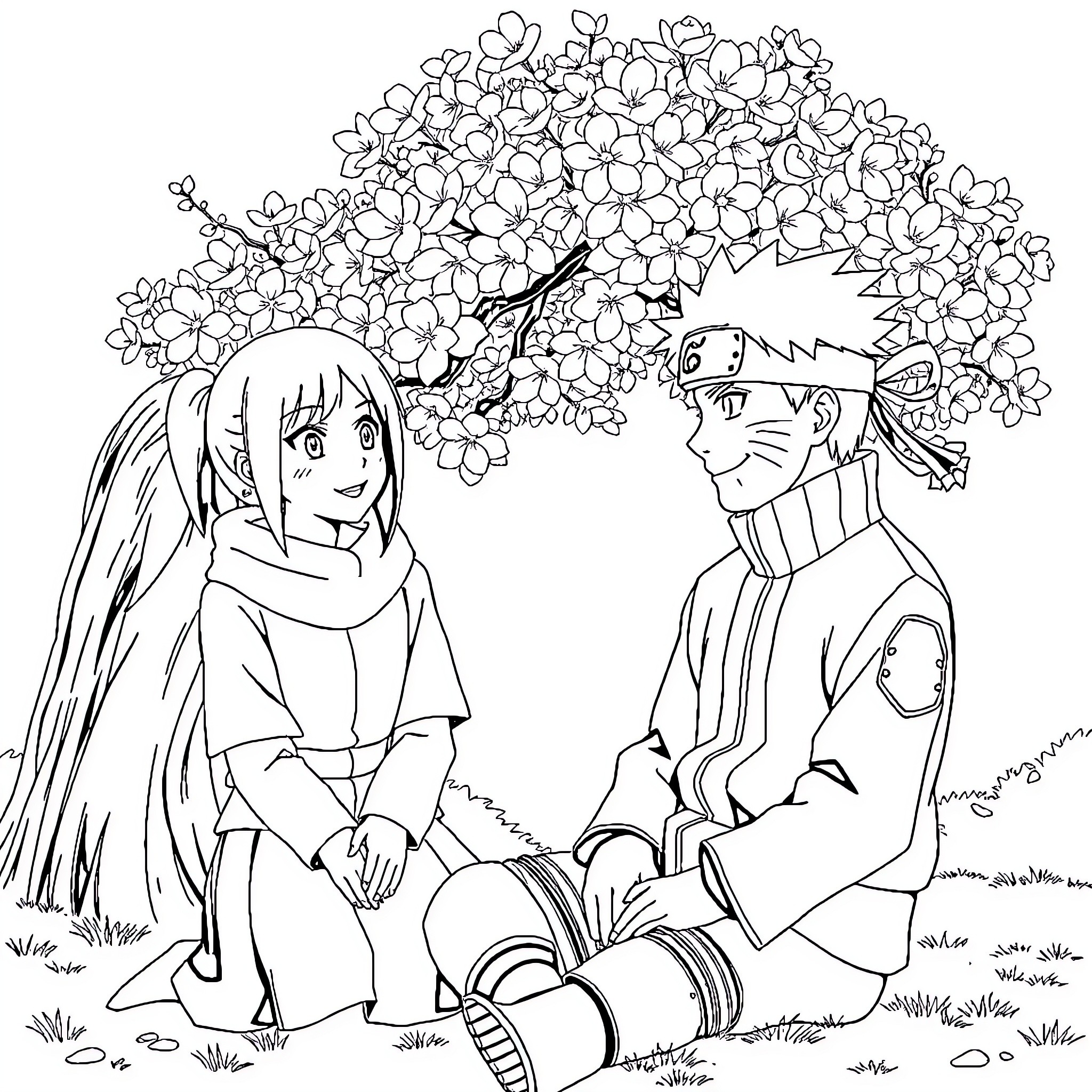 Naruto and Hinata sharing a moment under the blossoming trees Coloring Page (free black-and-white line drawing printable PDF for all, from beginners to advanced learners, including children, teens, adults, and seniors)