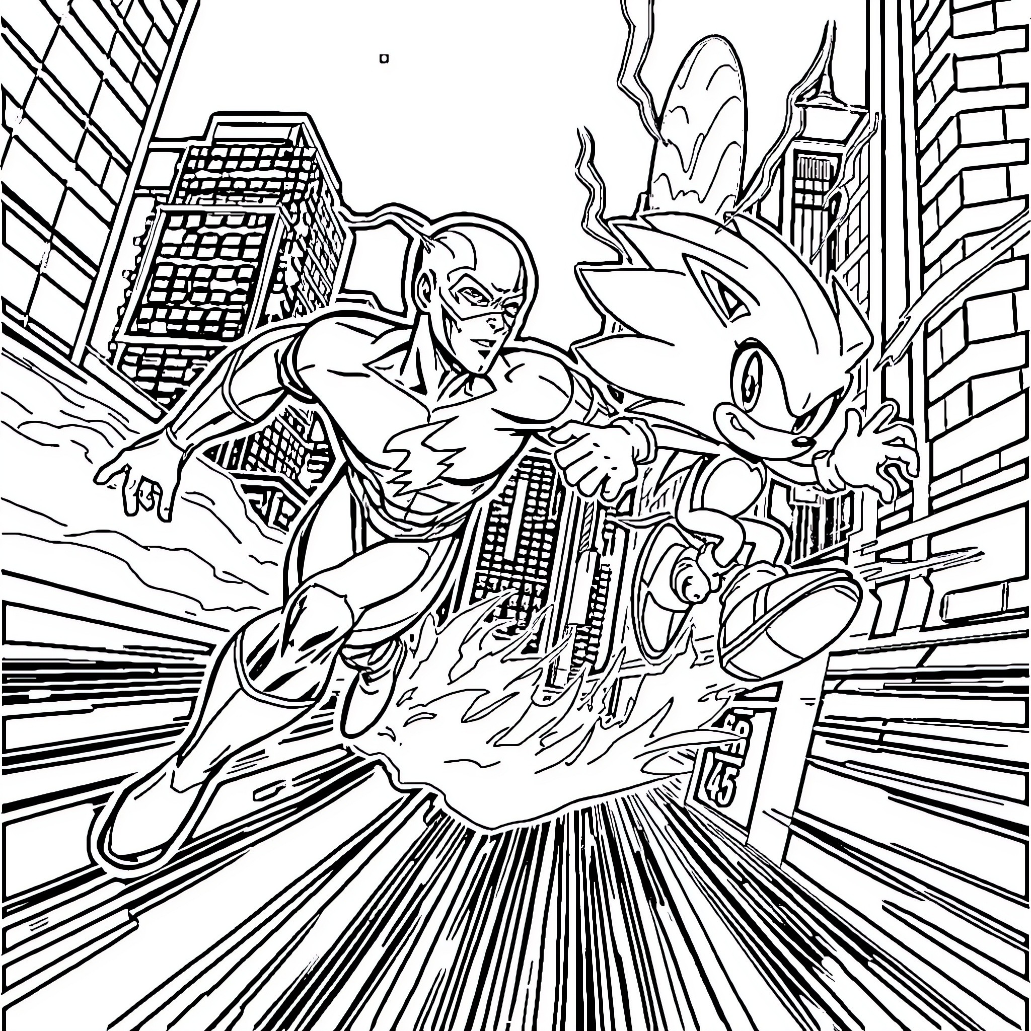Flash and Sonic racing through the city Coloring Page (free black-and-white line drawing printable PDF for all, from beginners to advanced learners, including children, teens, adults, and seniors)