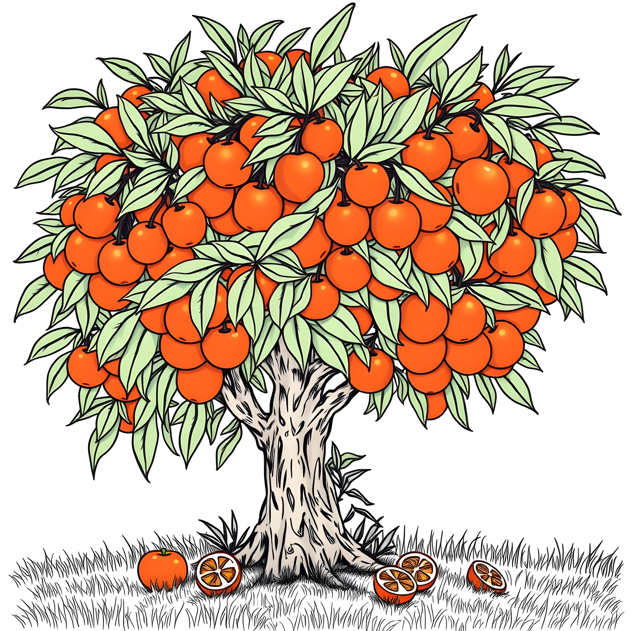 African Cherry Orange: Bountiful Harvest of Vibrant Citrus Coloring Page (free black-and-white line drawing printable PDF for all, from beginners to advanced learners, including children, teens, adults, and seniors)