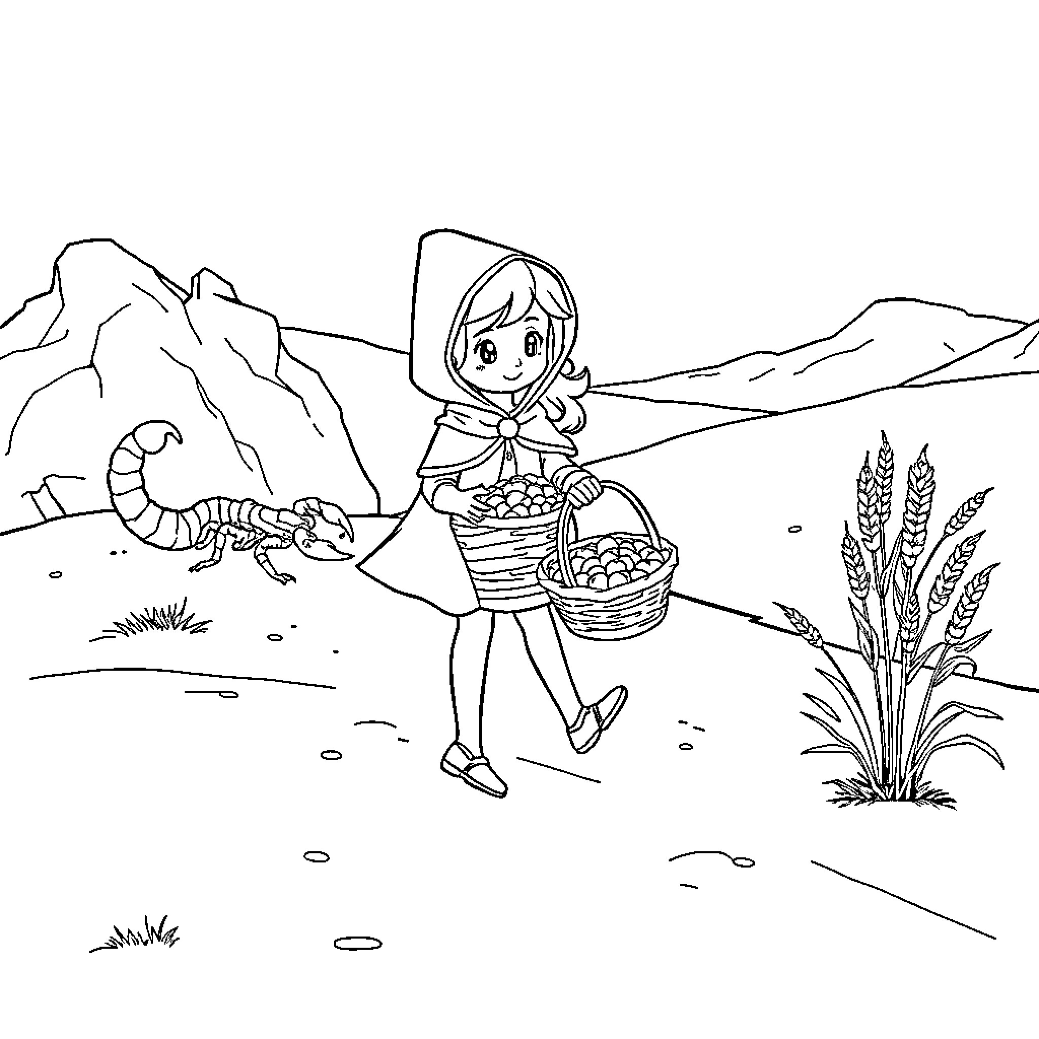 Little Yellow Riding Hood Picking Baskets in the Forest Coloring Page (free black-and-white line drawing printable PDF for all, from beginners to advanced learners, including children, teens, adults, and seniors)