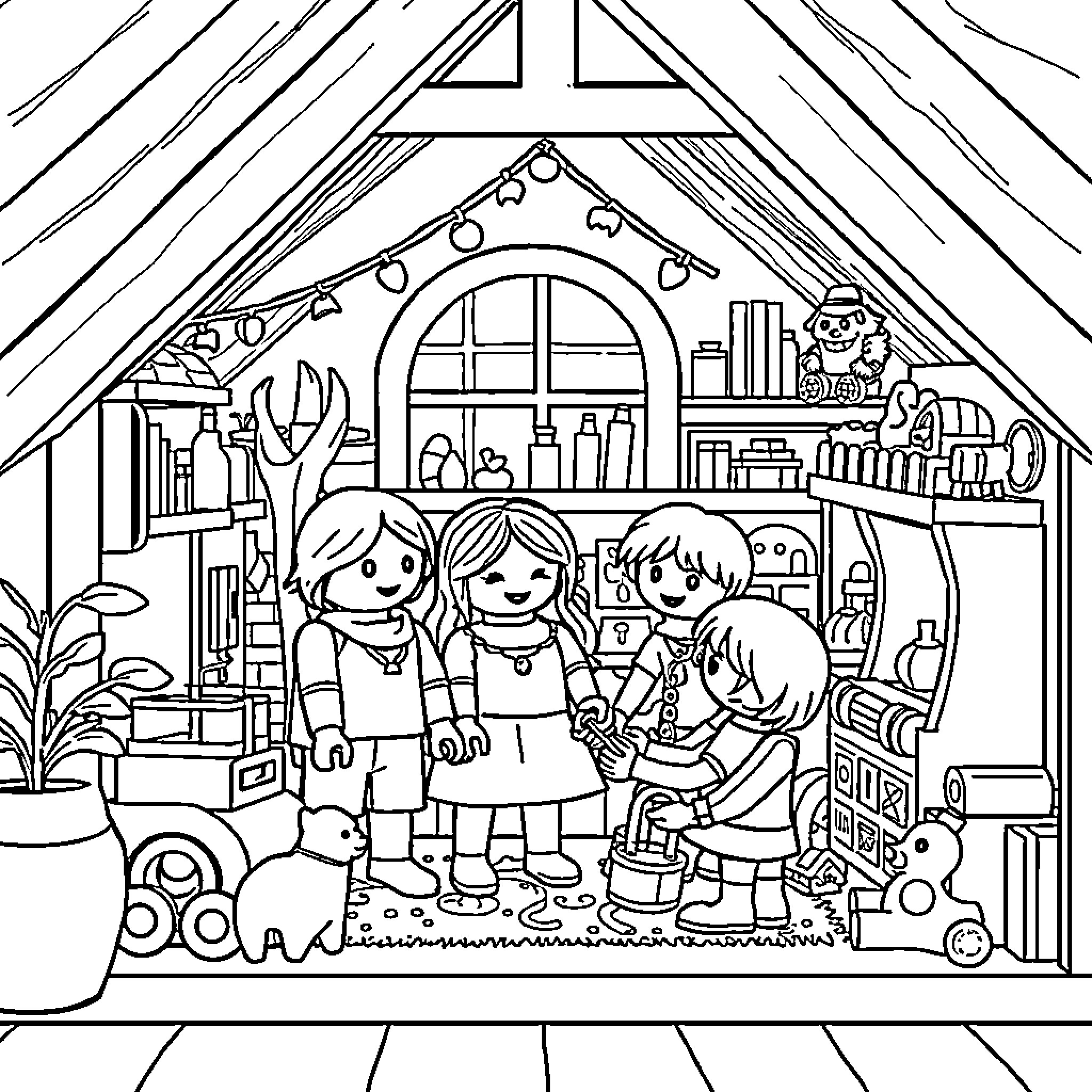 Playmobil Family Enjoying Time in Cozy Attic Room Coloring Page (free black-and-white line drawing printable PDF for all, from beginners to advanced learners, including children, teens, adults, and seniors)