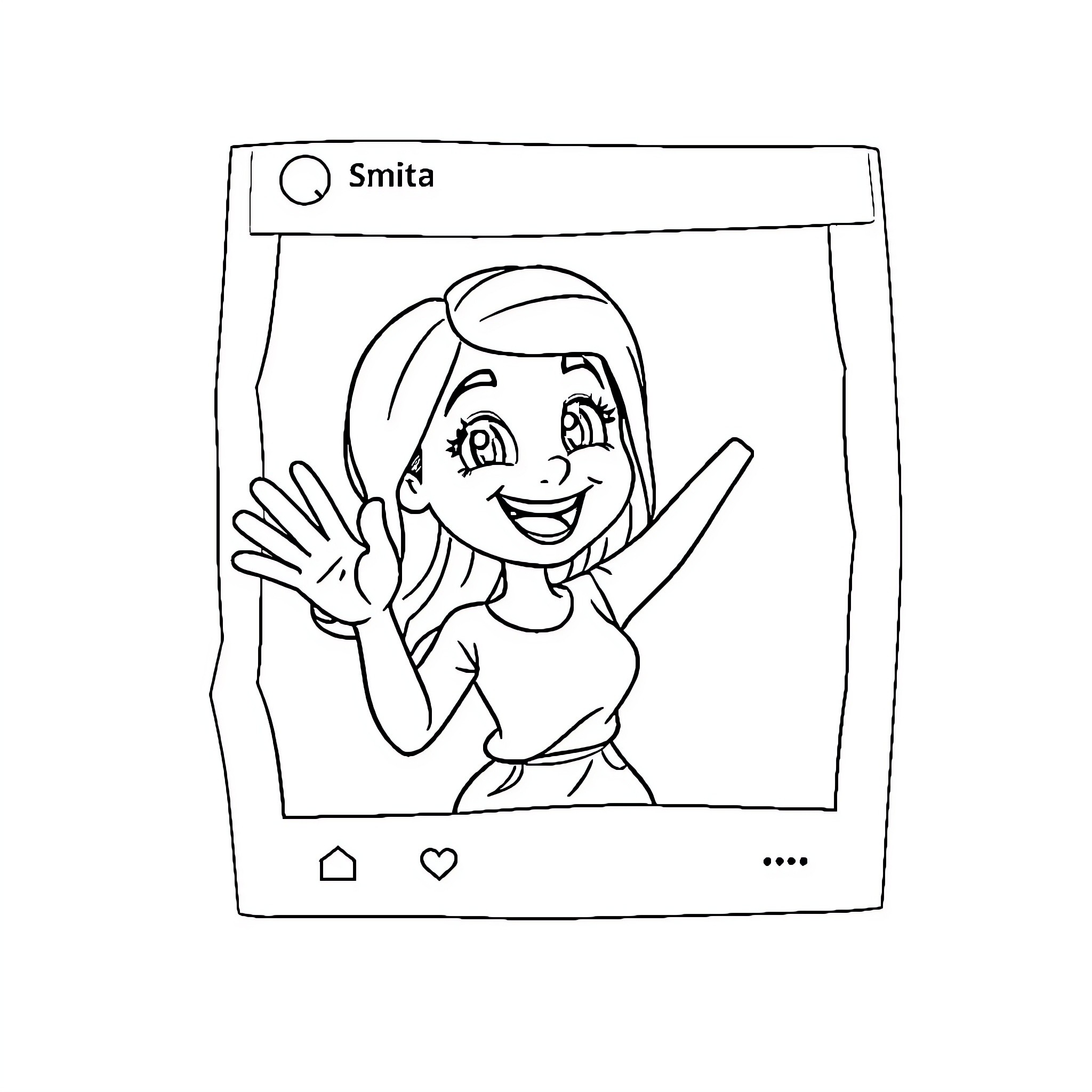 Woman waving and expressing joy Coloring Page (free black-and-white line drawing printable PDF for all, from beginners to advanced learners, including children, teens, adults, and seniors)