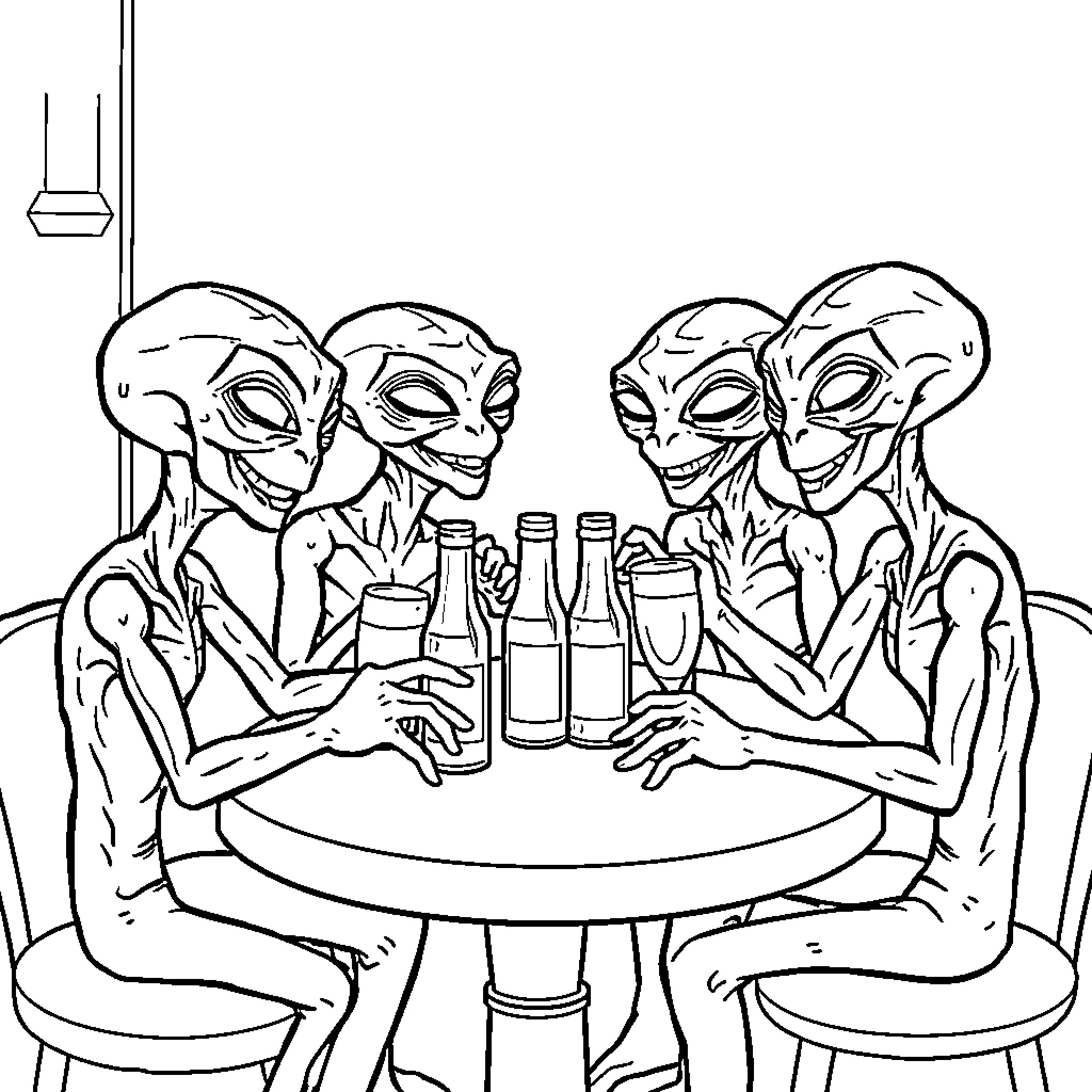 Alien Creatures Enjoying a Drink Together Coloring Page (free black-and-white line drawing printable PDF for all, from beginners to advanced learners, including children, teens, adults, and seniors)