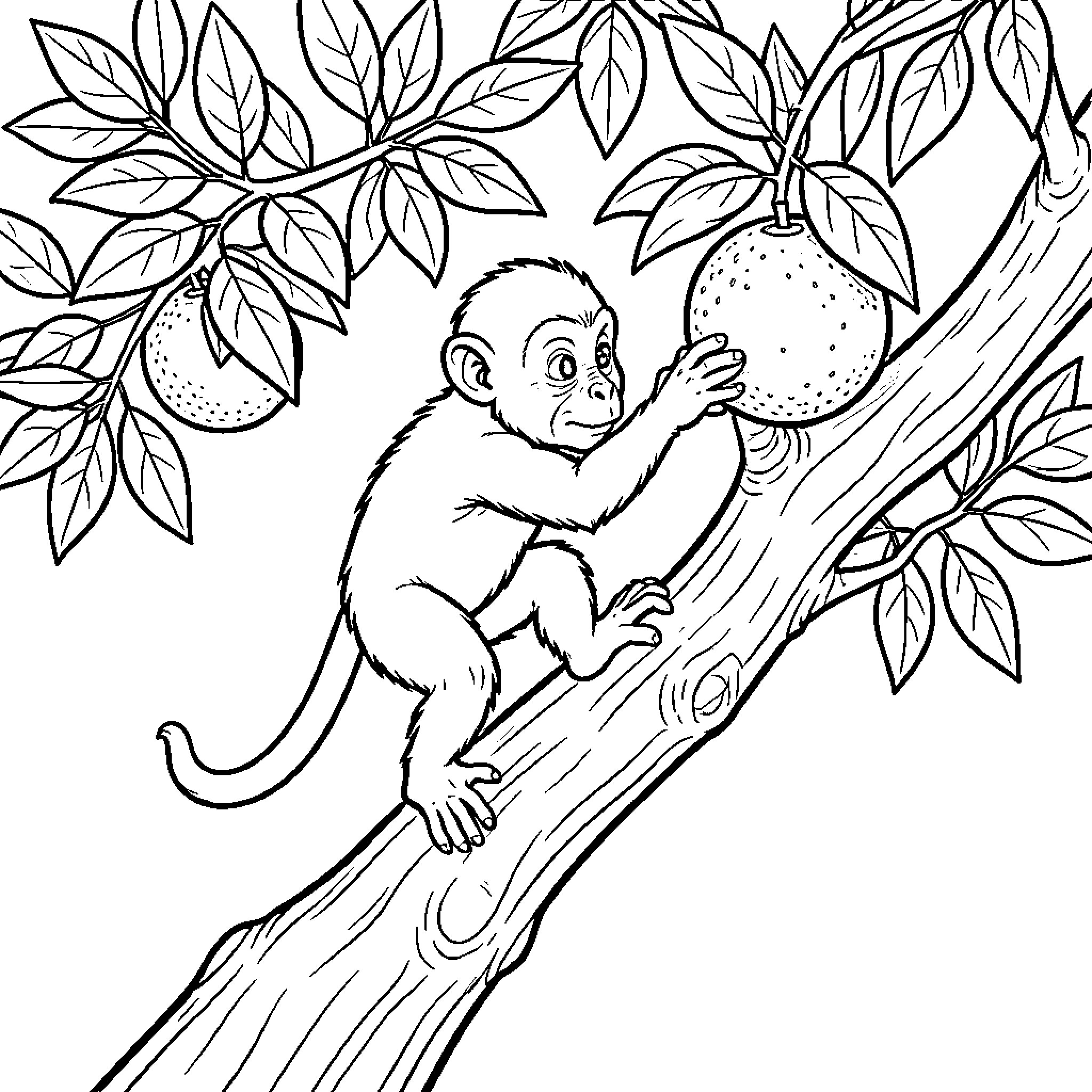 Mono Monkey Exploring Fruits in the Jungle Coloring Page (free black-and-white line drawing printable PDF for all, from beginners to advanced learners, including children, teens, adults, and seniors)