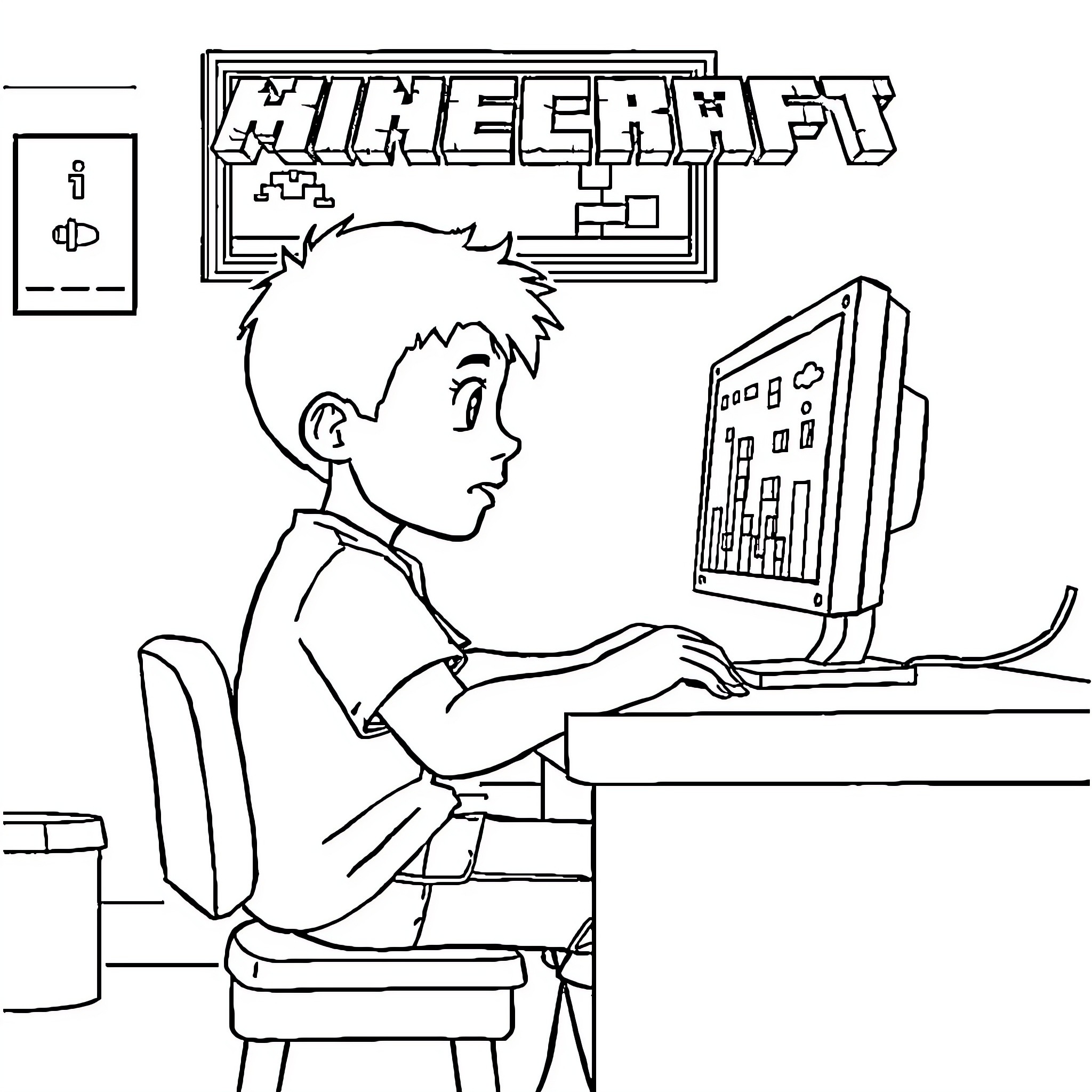 Boy playing Minecraft on computer Coloring Page (free black-and-white line drawing printable PDF for all, from beginners to advanced learners, including children, teens, adults, and seniors)