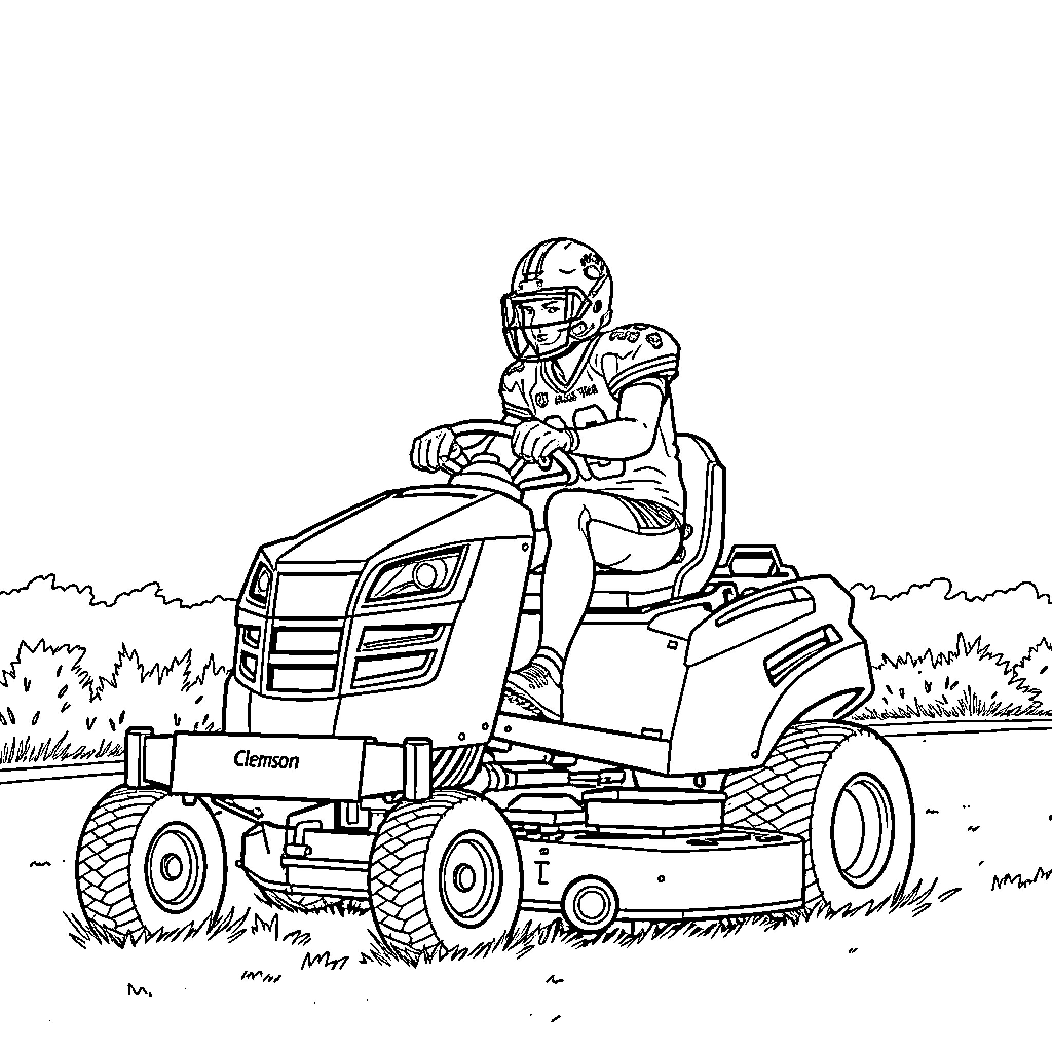 Football Player Riding Lawn Mower in Field Coloring Page (free black-and-white line drawing printable PDF for all, from beginners to advanced learners, including children, teens, adults, and seniors)