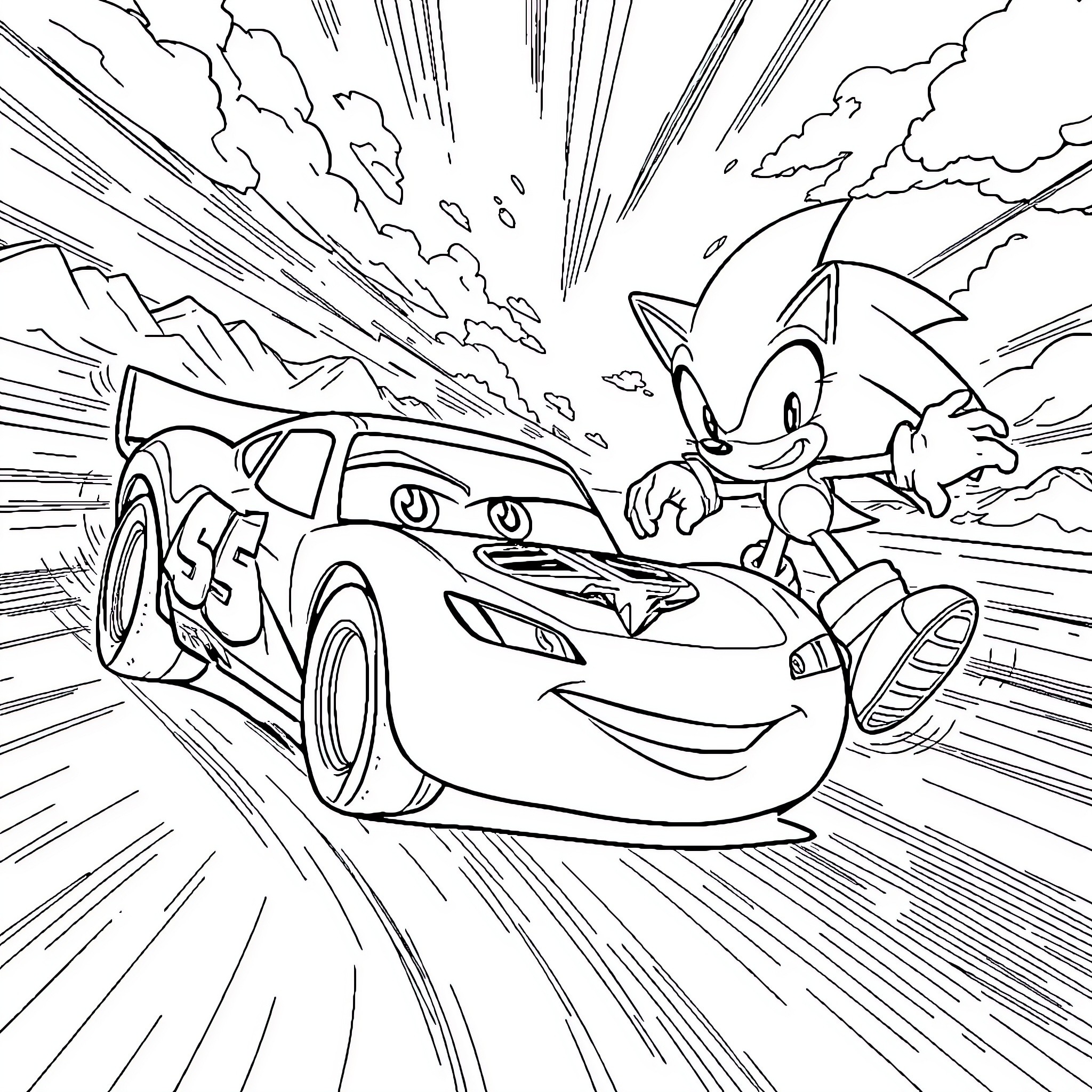 Lightning McQueen racing with Sonic the Hedgehog Coloring Page (free black-and-white line drawing printable PDF for all, from beginners to advanced learners, including children, teens, adults, and seniors)