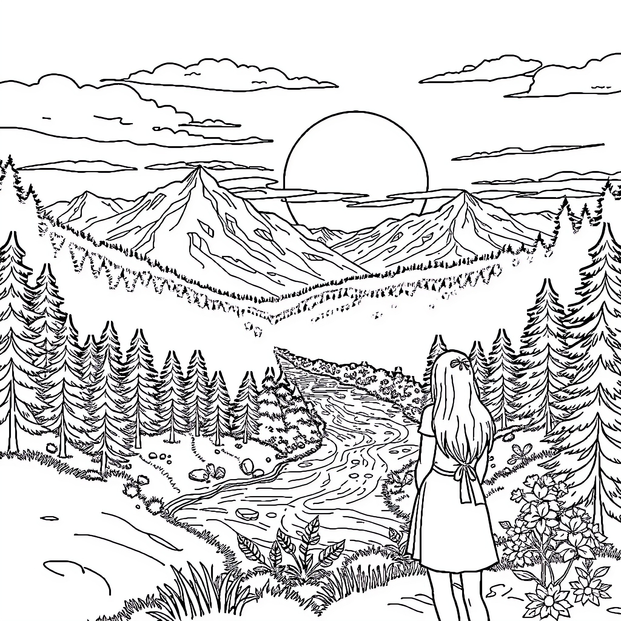 Woman admiring the scenic mountain landscape Coloring Page (free black-and-white line drawing printable PDF for all, from beginners to advanced learners, including children, teens, adults, and seniors)
