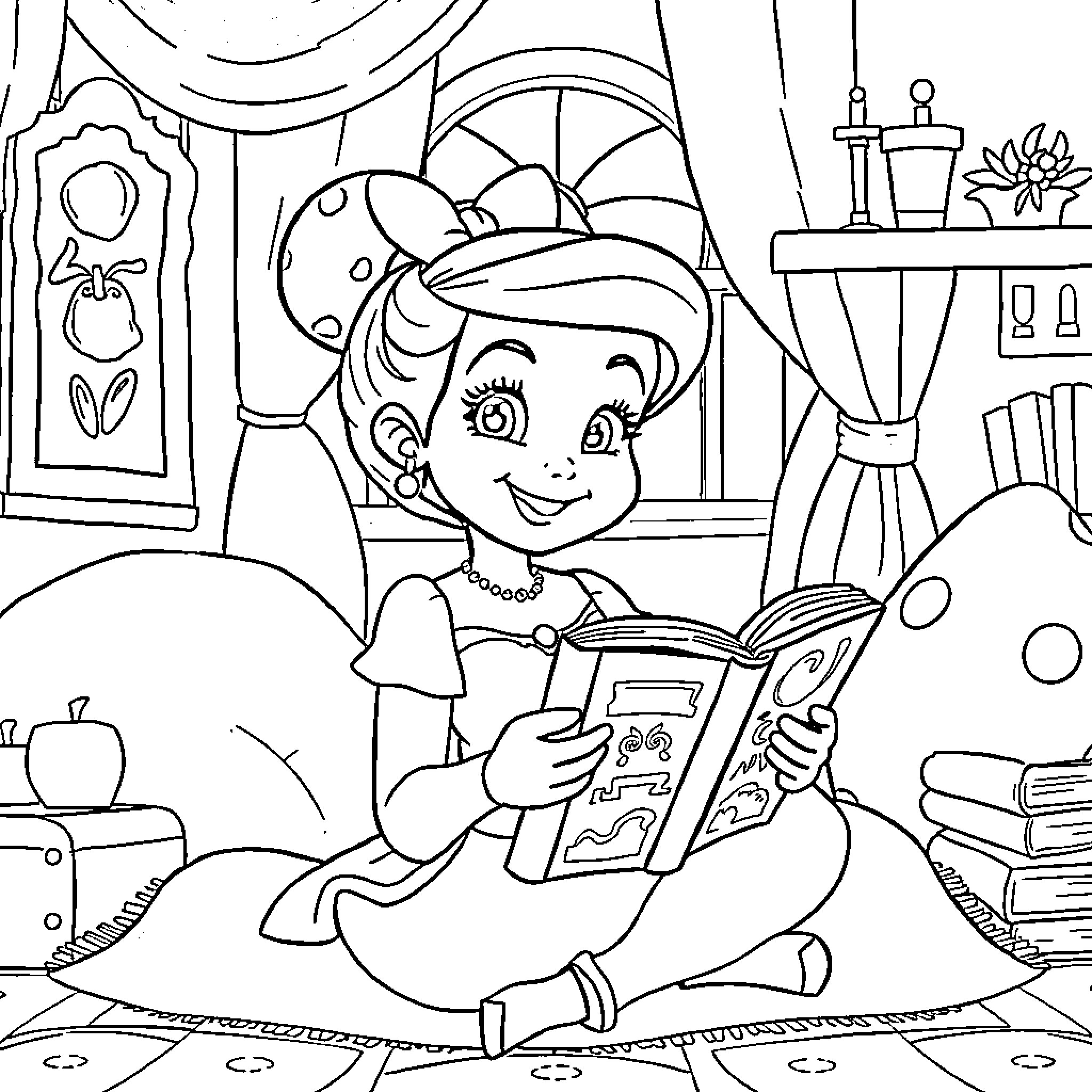 Bella Enjoys a Good Book in Her Room Coloring Page (free black-and-white line drawing printable PDF for all, from beginners to advanced learners, including children, teens, adults, and seniors)