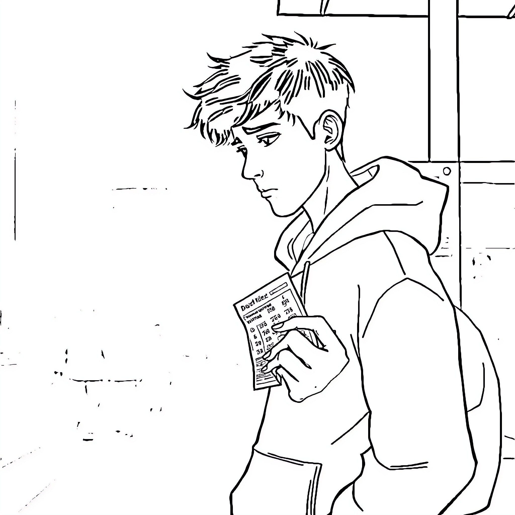 Man reading a book intently in a public setting Coloring Page (free black-and-white line drawing printable PDF for all, from beginners to advanced learners, including children, teens, adults, and seniors)