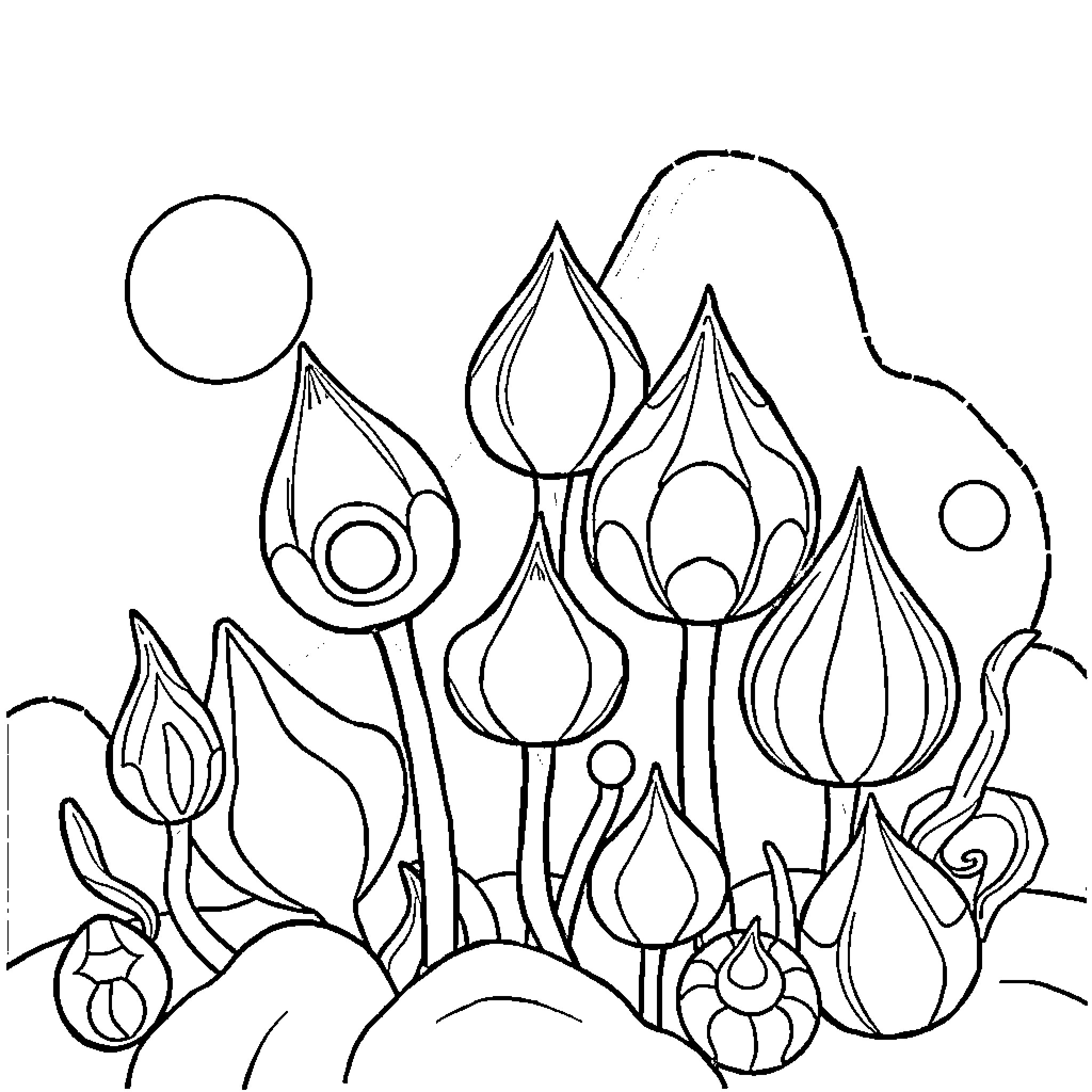 Brianrots' imaginative floral display Coloring Page (free black-and-white line drawing printable PDF for all, from beginners to advanced learners, including children, teens, adults, and seniors)