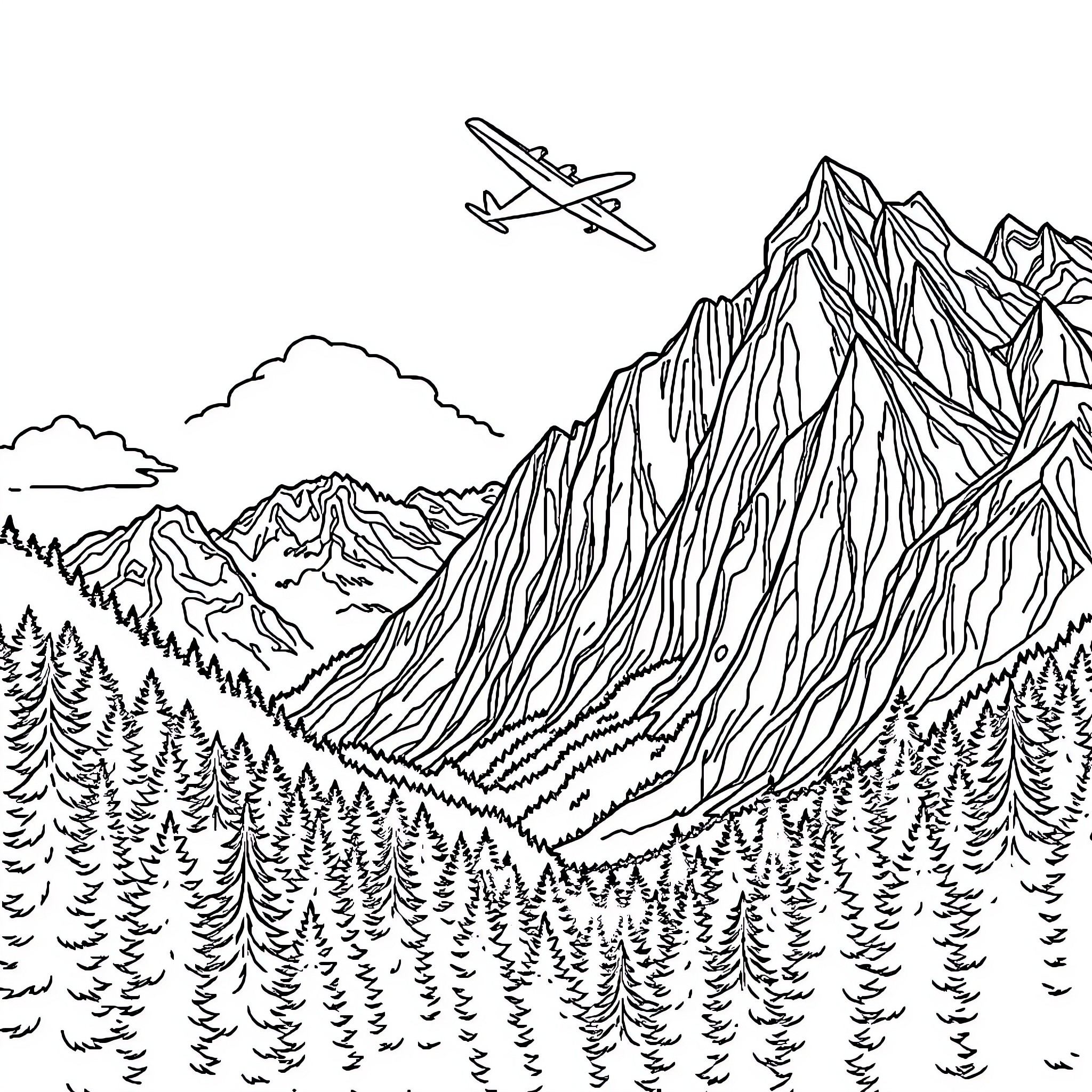 Aeroplane flying over majestic mountain landscape Coloring Page (free black-and-white line drawing printable PDF for all, from beginners to advanced learners, including children, teens, adults, and seniors)
