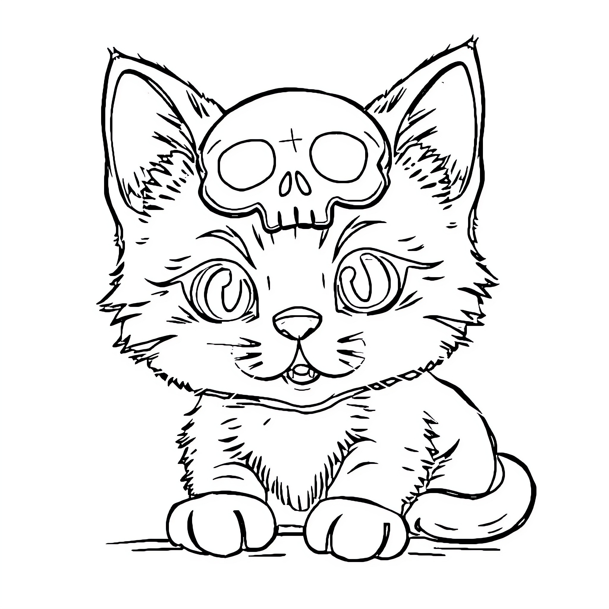 Kuromy's Spooky Cat Coloring Page (free black-and-white line drawing printable PDF for all, from beginners to advanced learners, including children, teens, adults, and seniors)