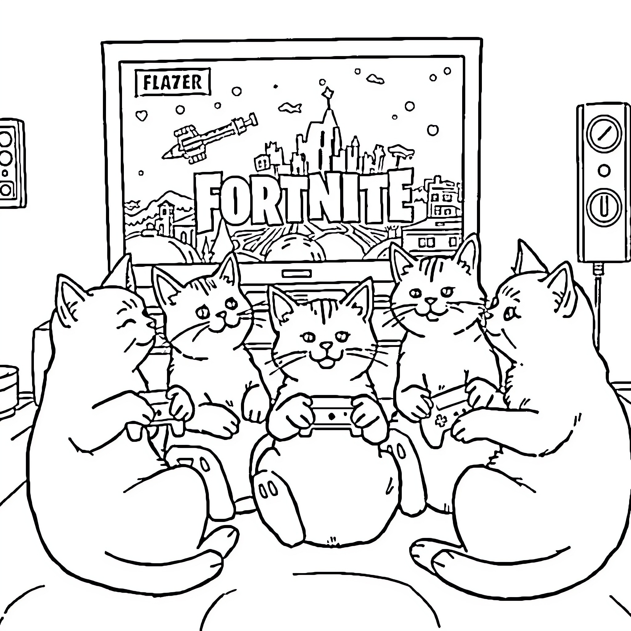 Cats playing Fortnite video game Coloring Page (free black-and-white line drawing printable PDF for all, from beginners to advanced learners, including children, teens, adults, and seniors)