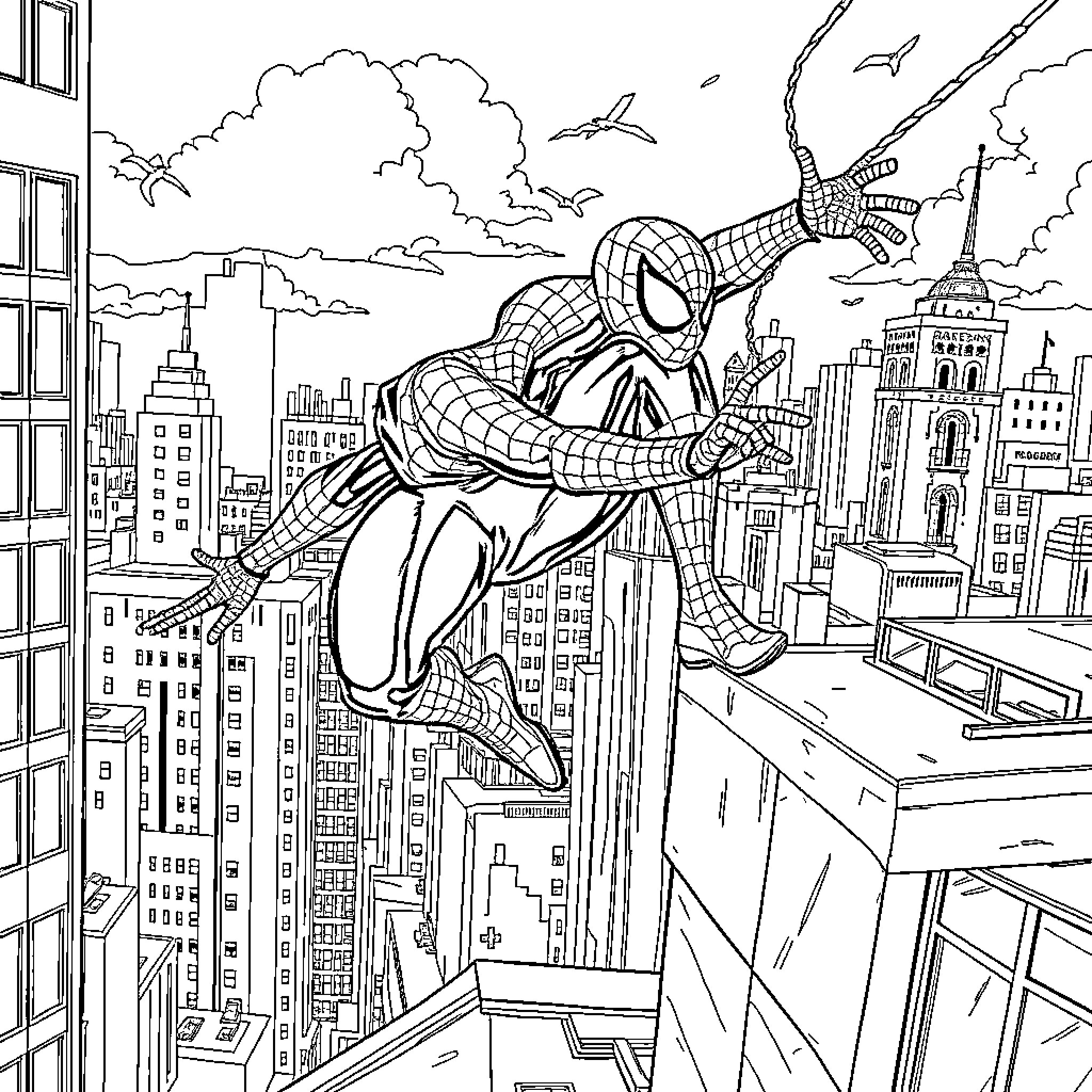 Spider-Man swinging through the city skyline Coloring Page (free black-and-white line drawing printable PDF for all, from beginners to advanced learners, including children, teens, adults, and seniors)
