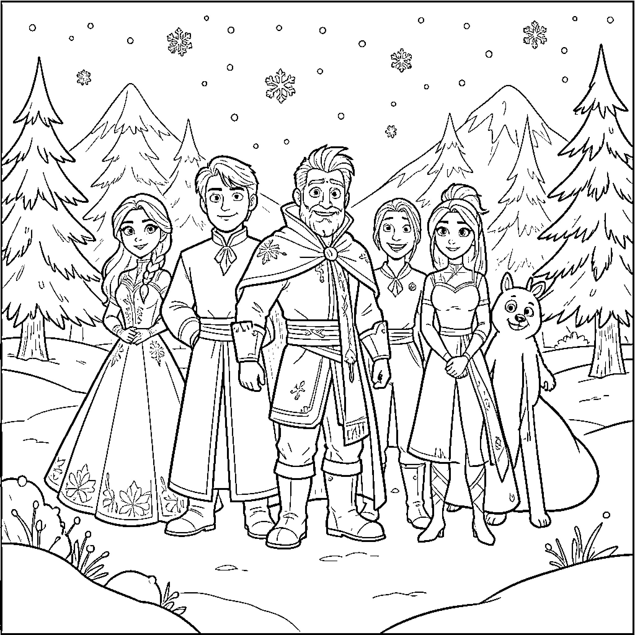 Frozen Characters standing together in a snowy forest scene Coloring Page (free black-and-white line drawing printable PDF for all, from beginners to advanced learners, including children, teens, adults, and seniors)