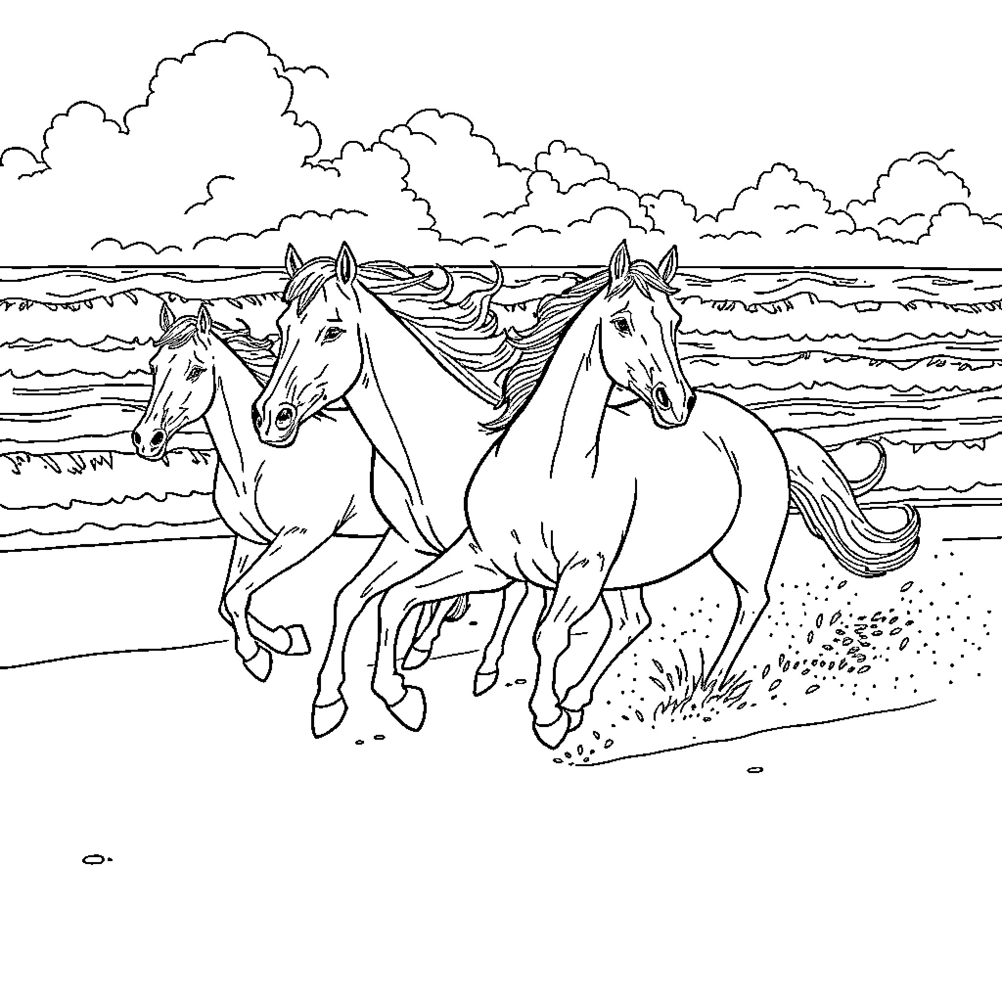 Horses galloping along the beach Coloring Page (free black-and-white line drawing printable PDF for all, from beginners to advanced learners, including children, teens, adults, and seniors)