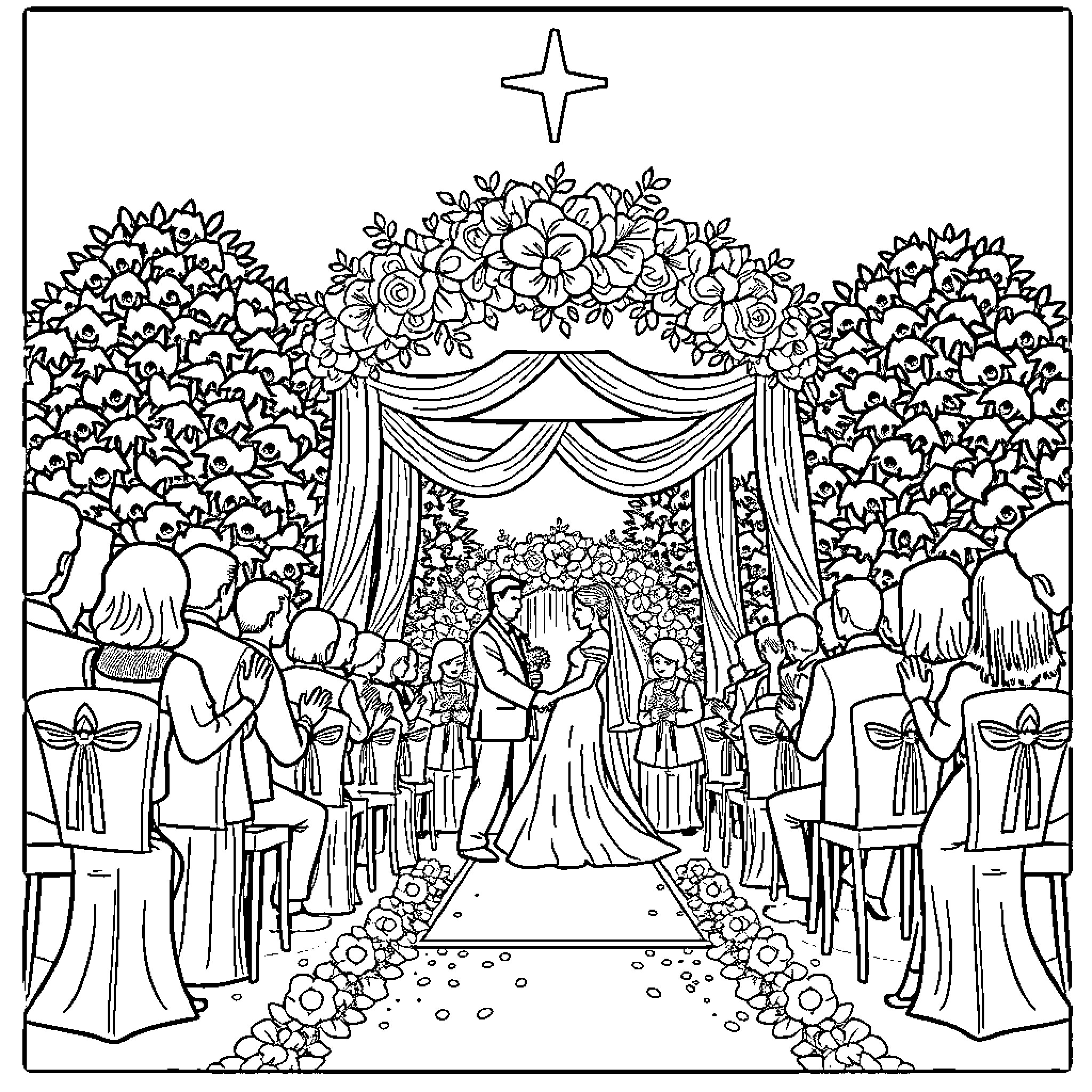 Wedding ceremony with floral arch and guests Coloring Page (free black-and-white line drawing printable PDF for all, from beginners to advanced learners, including children, teens, adults, and seniors)