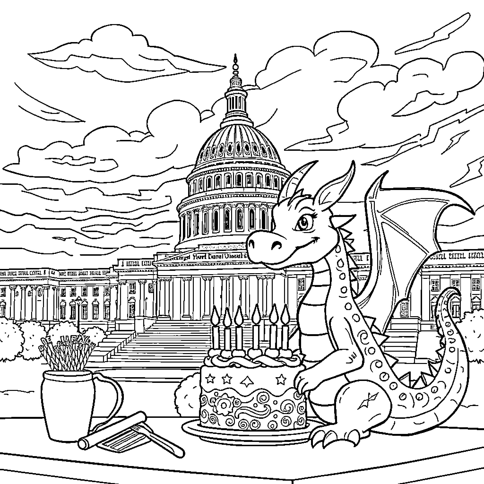 Dragon's Fantastical Adventure at the Capitol Building Coloring Page (free black-and-white line drawing printable PDF for all, from beginners to advanced learners, including children, teens, adults, and seniors)