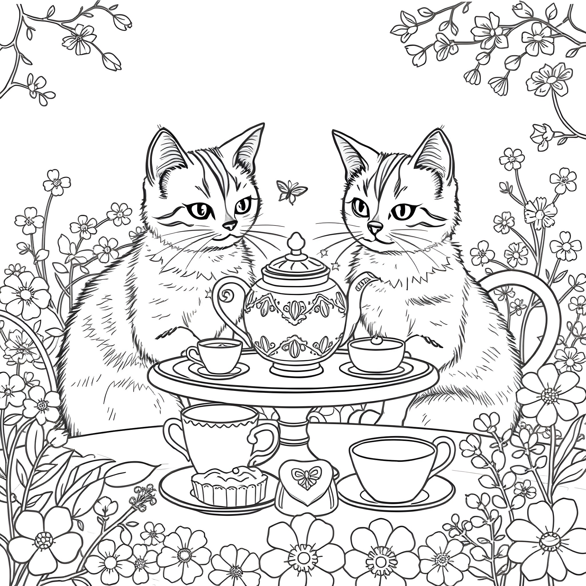 Cats enjoying tea party with floral surroundings Coloring Page (free black-and-white line drawing printable PDF for all, from beginners to advanced learners, including children, teens, adults, and seniors)