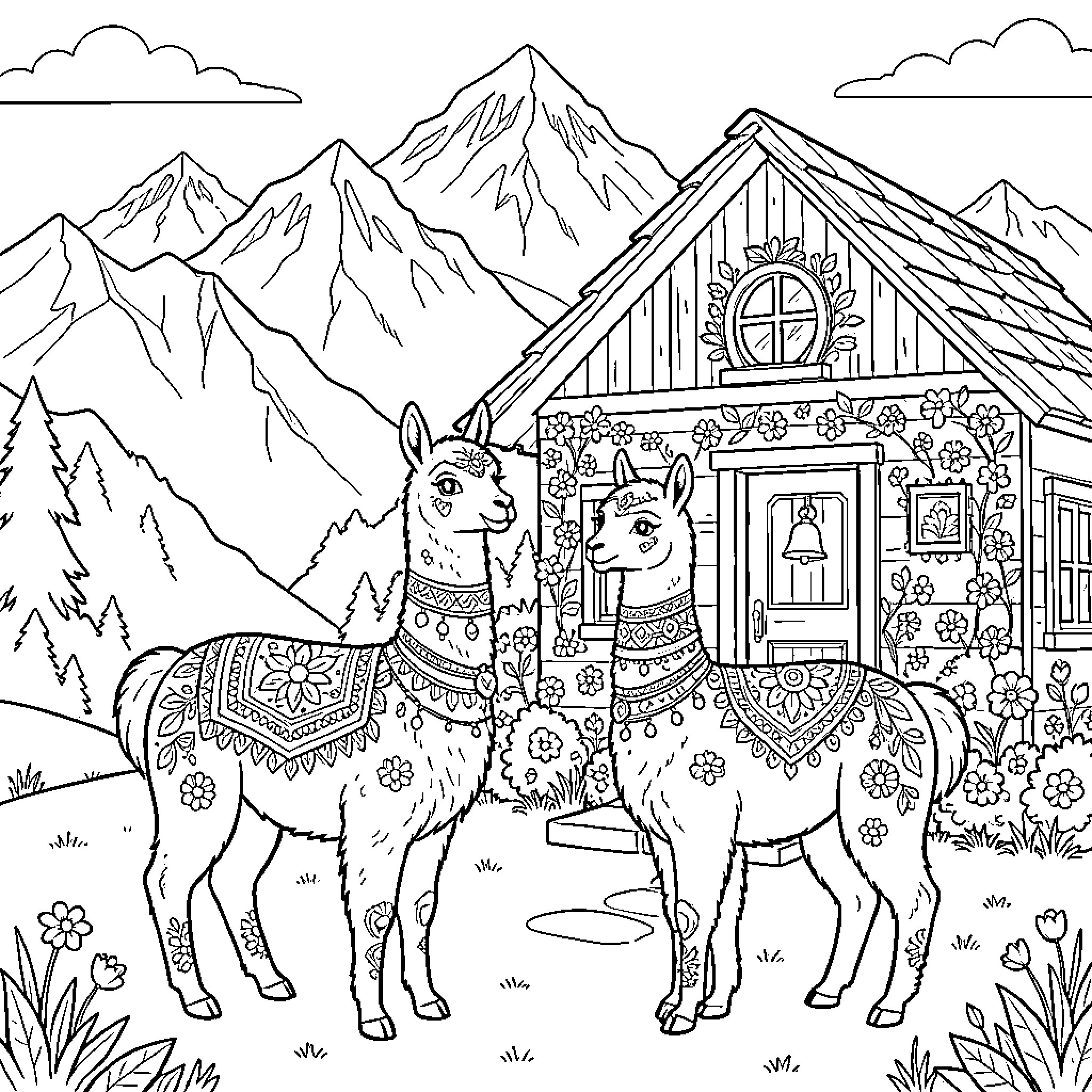 Vicuna enjoying the mountain scenery with a friend Coloring Page (free black-and-white line drawing printable PDF for all, from beginners to advanced learners, including children, teens, adults, and seniors)