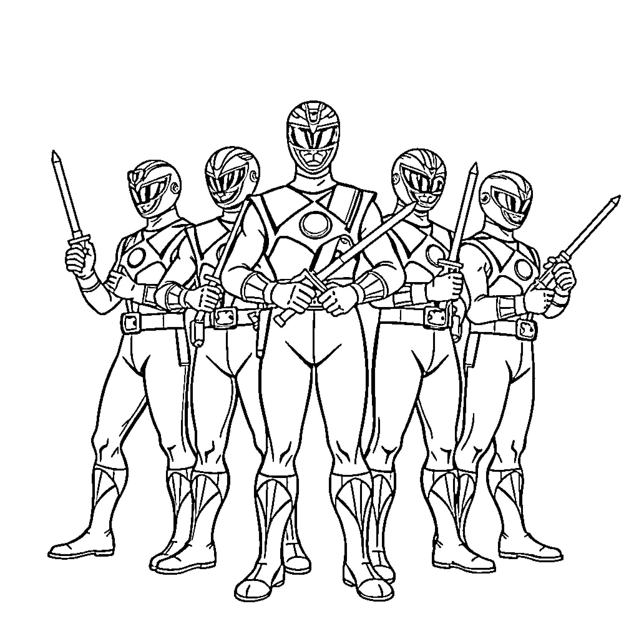 Power Rangers Heroically United in Battle Coloring Page (free black-and-white line drawing printable PDF for all, from beginners to advanced learners, including children, teens, adults, and seniors)