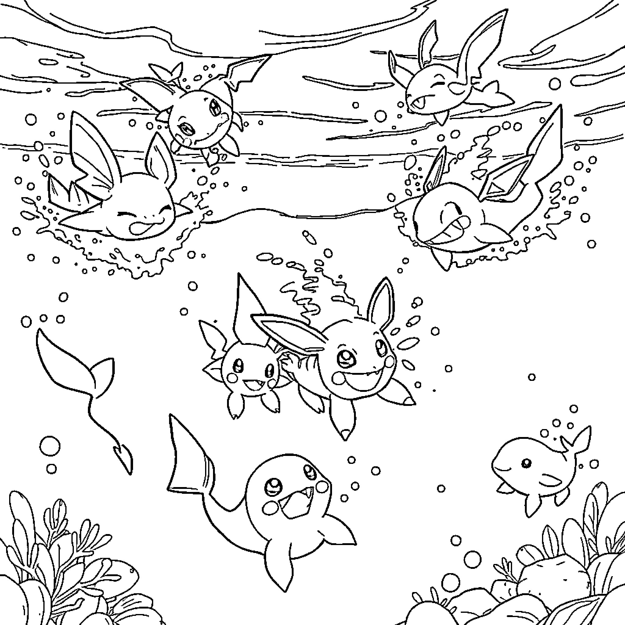 Pokémon Playing in the Underwater Wonderland Coloring Page (free black-and-white line drawing printable PDF for all, from beginners to advanced learners, including children, teens, adults, and seniors)