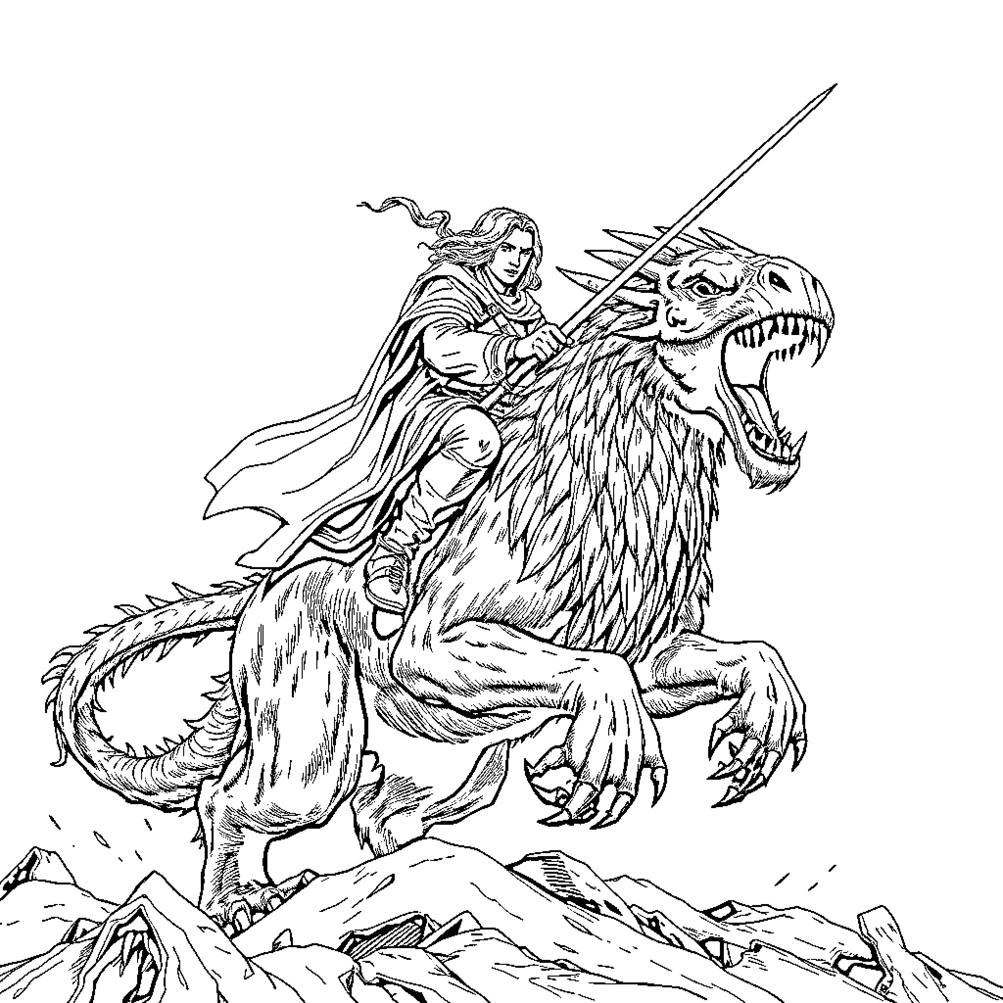 Aragorn Riding a Fierce Winged Creature Coloring Page (free black-and-white line drawing printable PDF for all, from beginners to advanced learners, including children, teens, adults, and seniors)