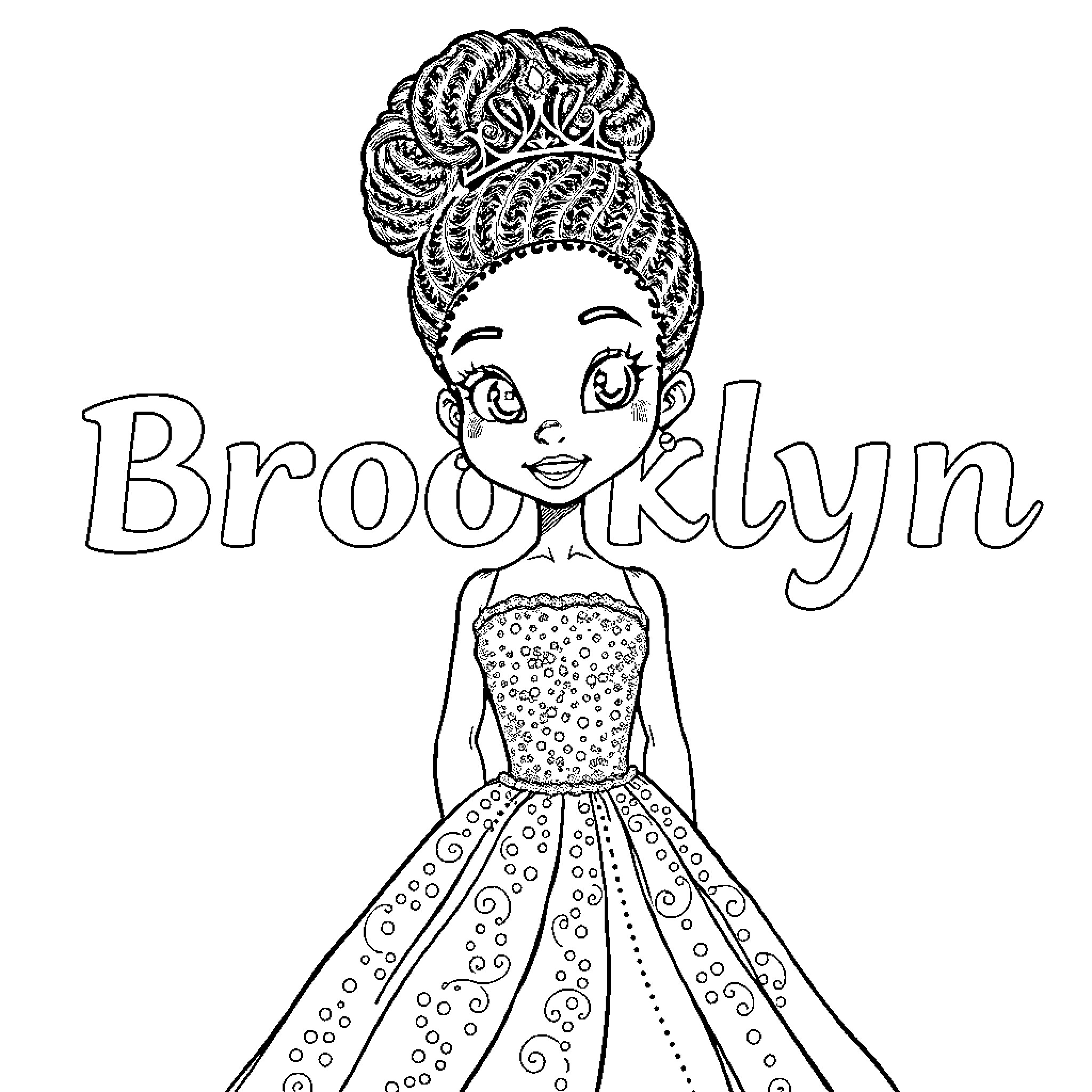 Princess in Elegant Dress and Hairstyle Coloring Page (free black-and-white line drawing printable PDF for all, from beginners to advanced learners, including children, teens, adults, and seniors)