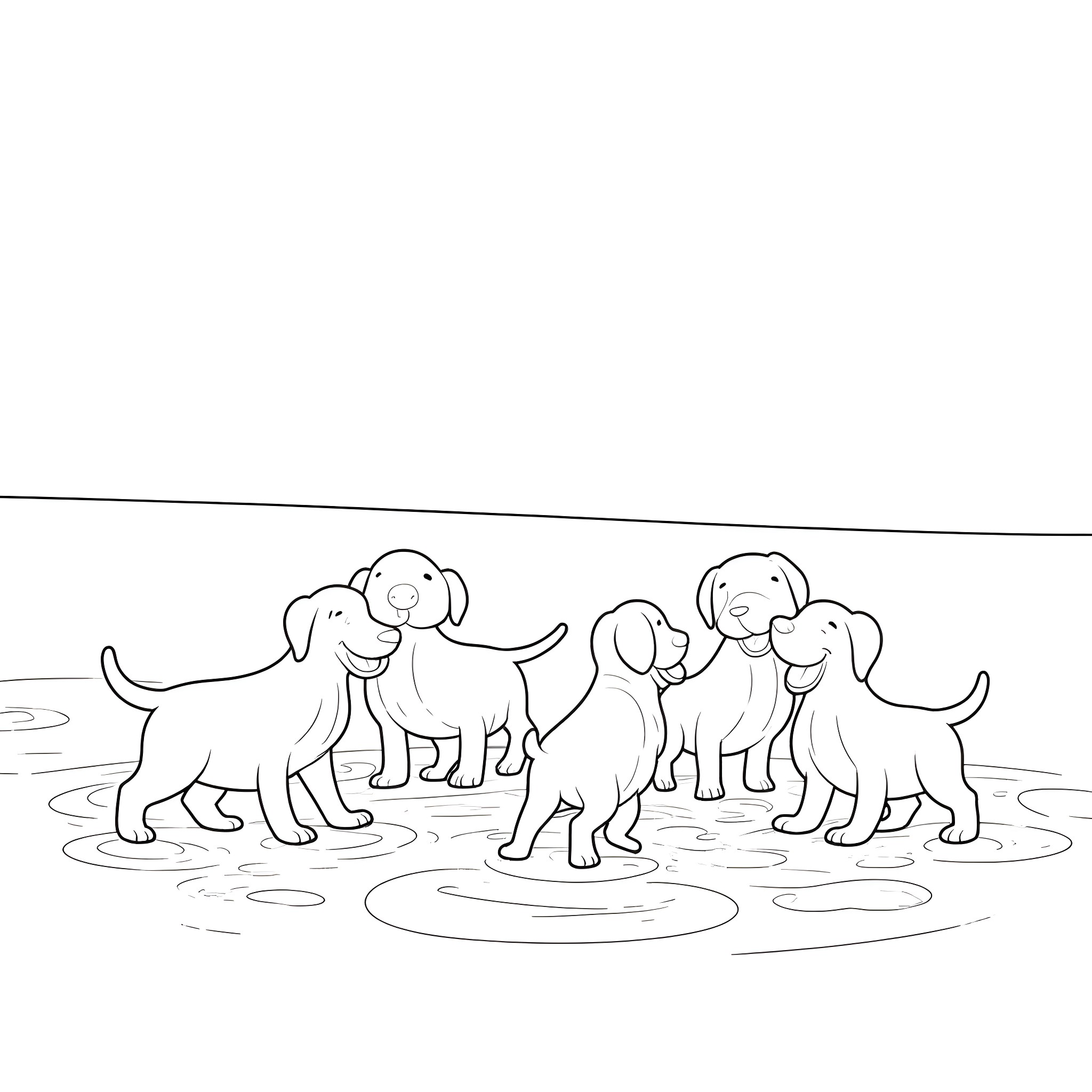 Puppies Playing Happily Together in the Field Coloring Page (free black-and-white line drawing printable PDF for all, from beginners to advanced learners, including children, teens, adults, and seniors)