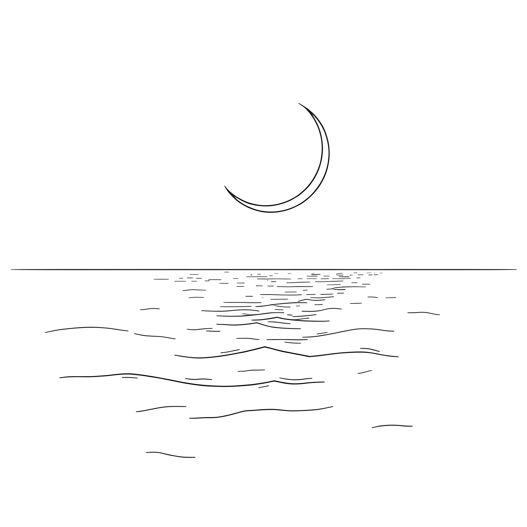 Moon over the calm waters Coloring Page (free black-and-white line drawing printable PDF for all, from beginners to advanced learners, including children, teens, adults, and seniors)
