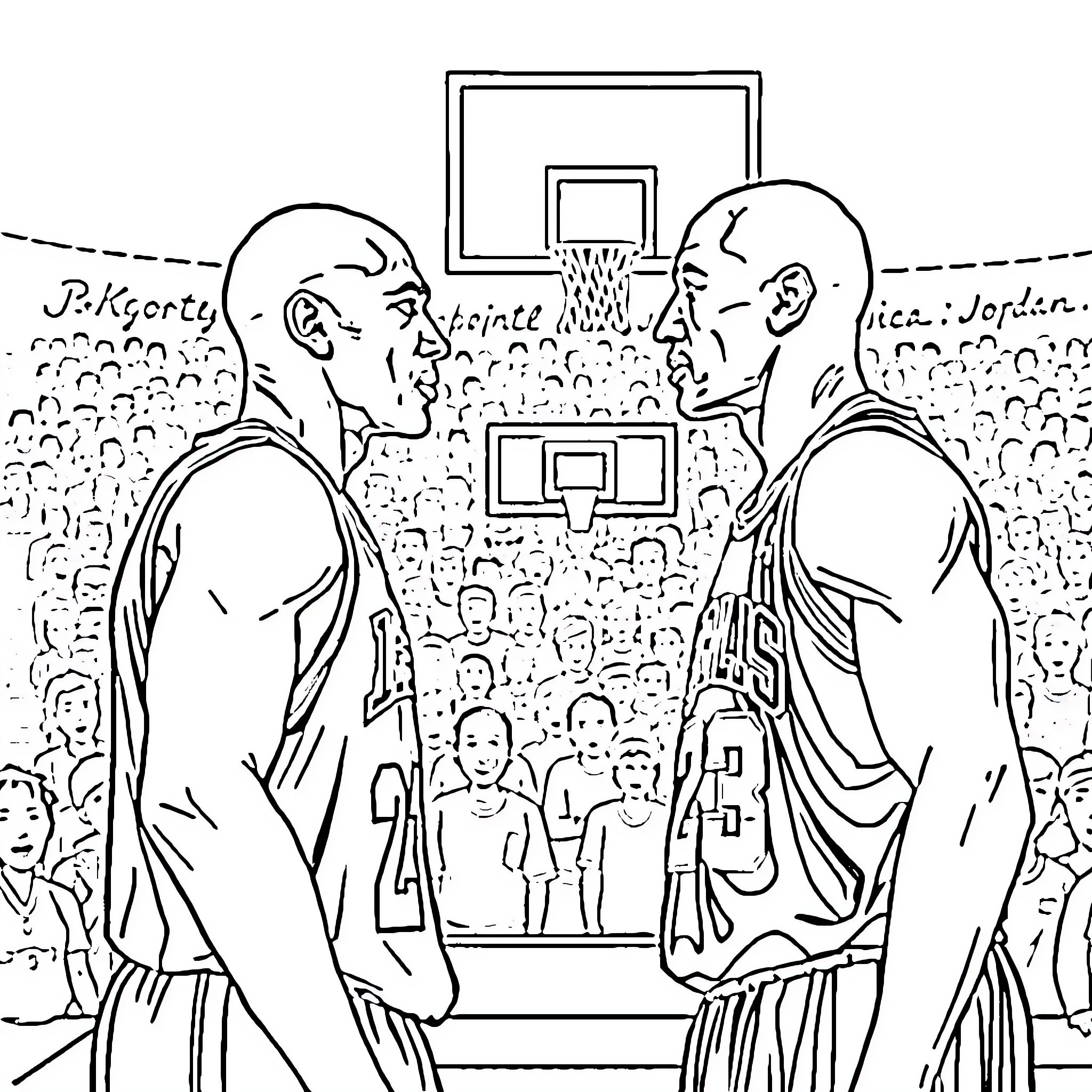 Kobe Bryant and LeBron James in a basketball game Coloring Page (free black-and-white line drawing printable PDF for all, from beginners to advanced learners, including children, teens, adults, and seniors)